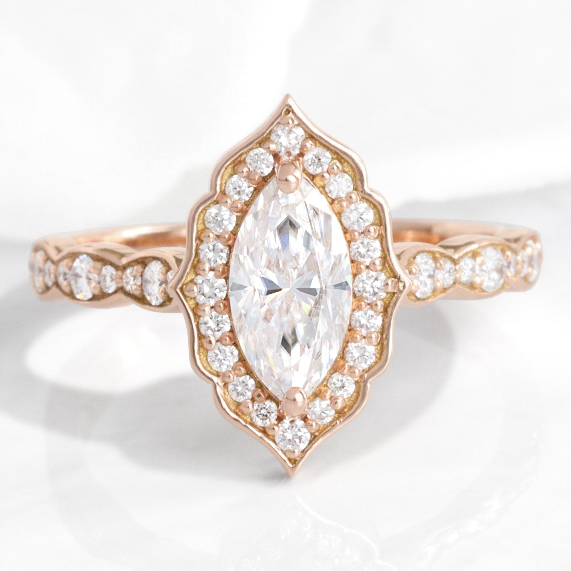 marquise moissanite ring rose gold vintage halo diamond moissanite engagement ring la more design jewelry