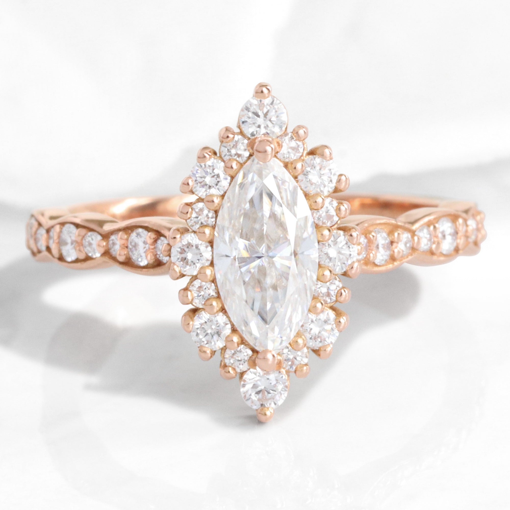 marquise moissanite ring rose gold tiara halo diamond moissanite engagement ring la more design jewelry