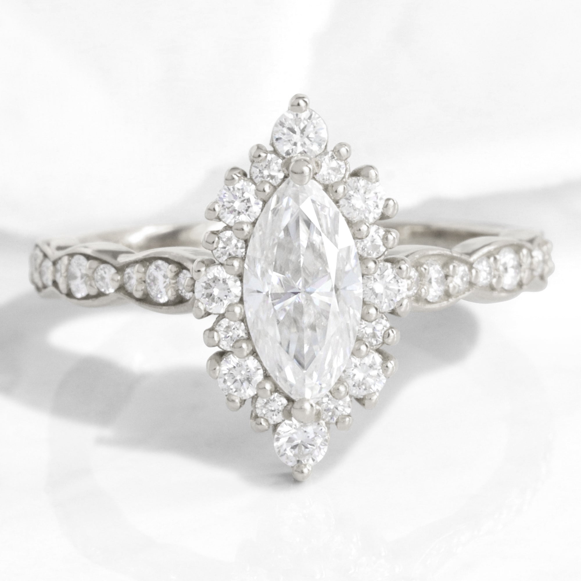 marquise moissanite ring white gold tiara halo diamond moissanite engagement ring la more design jewelry
