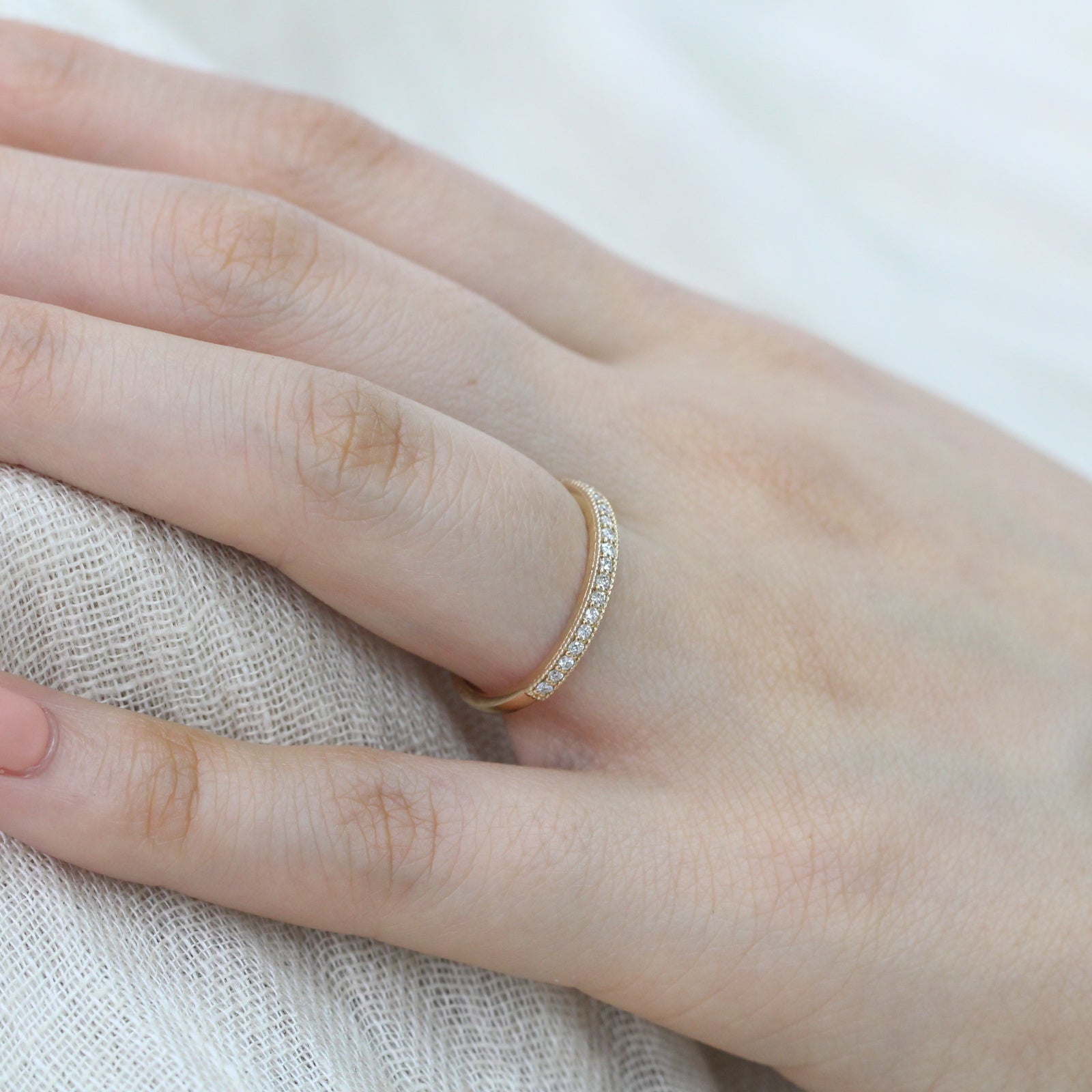 Milgrain Diamond Wedding Ring in 14k Yellow Gold Half Eternity Band, Size 6.5