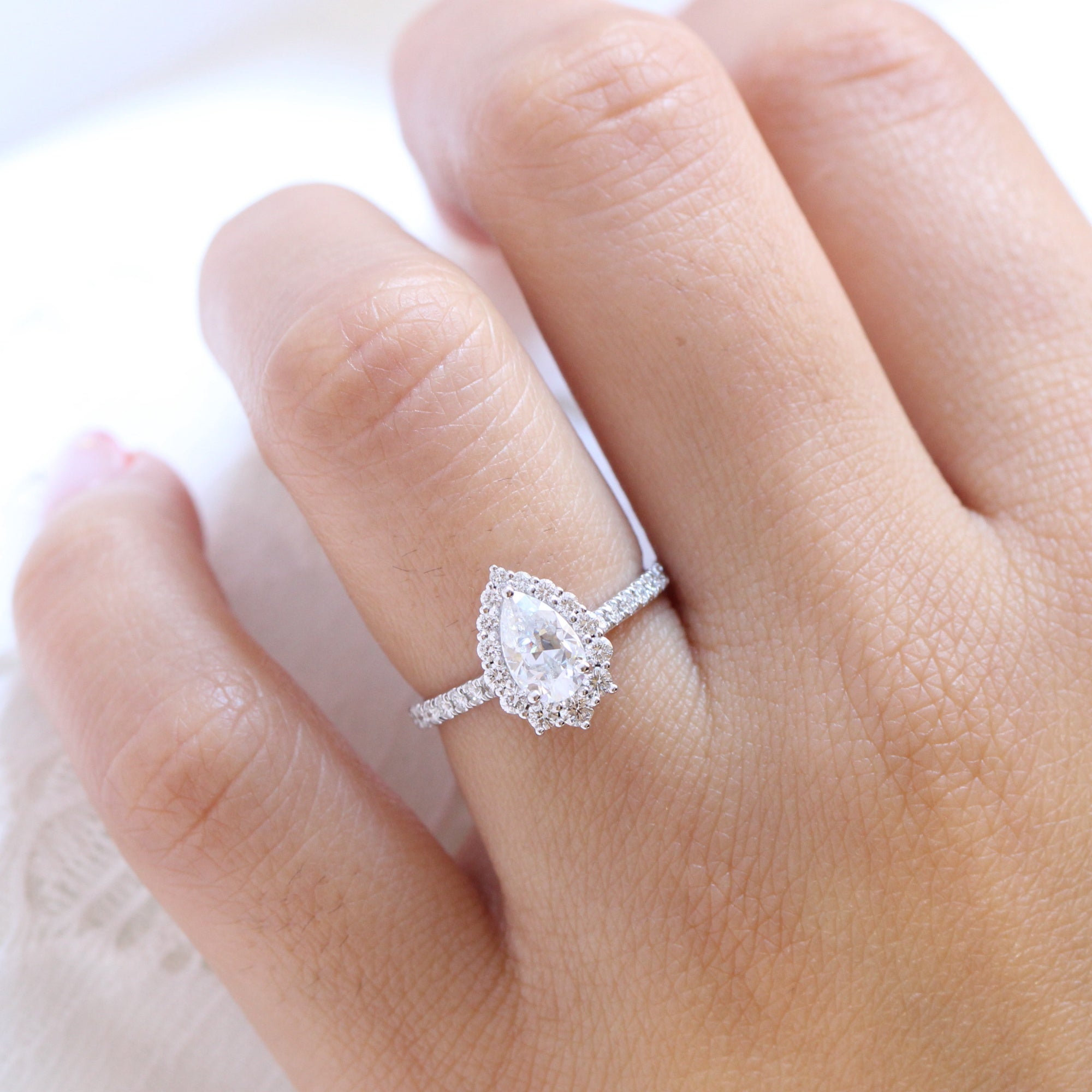 pear moissanite engagement ring white gold halo diamond moissanite ring pave band la more design jewelry