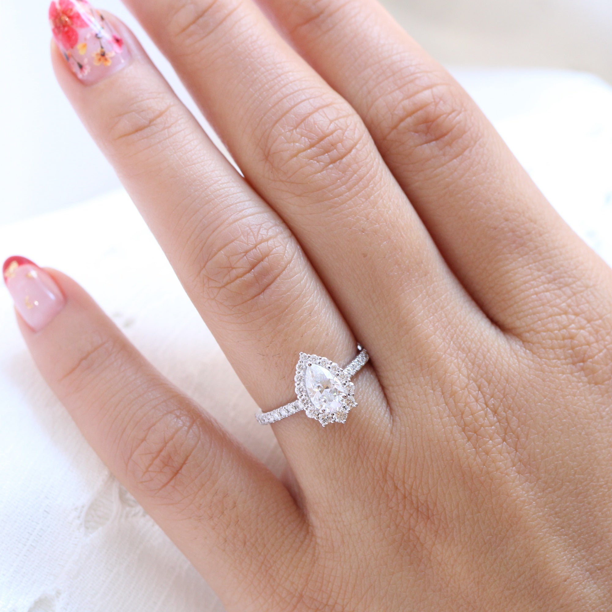 pear moissanite engagement ring white gold halo diamond moissanite ring pave band la more design jewelry