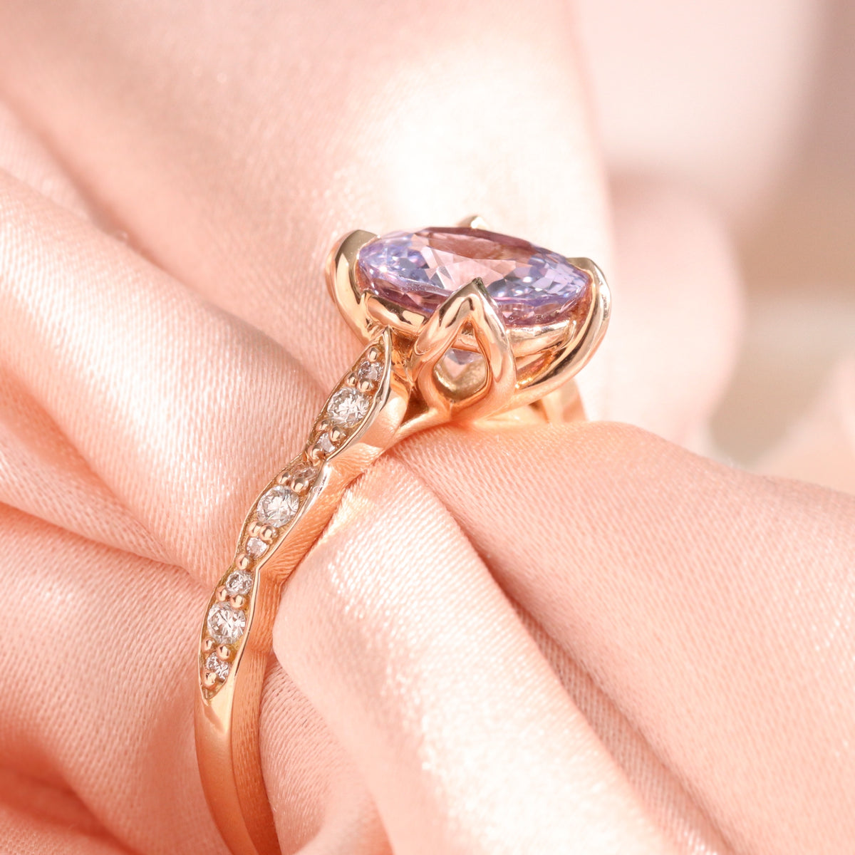 oval Lilac sapphire ring rose gold natural purple lavender sapphire solitaire ring diamond sapphire floral ring la more design jewelry