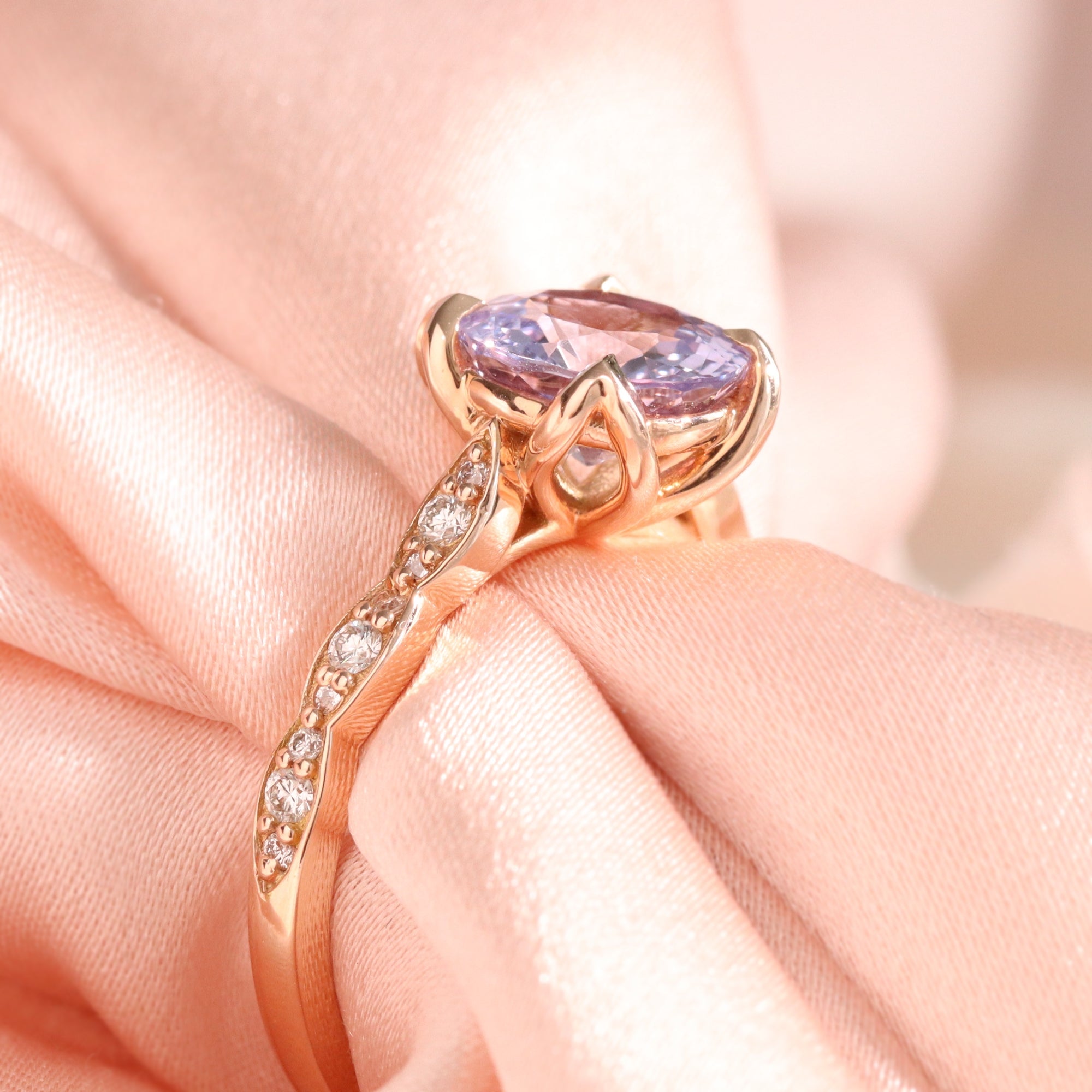 oval Lilac sapphire ring rose gold natural purple lavender sapphire solitaire ring diamond sapphire floral ring la more design jewelry