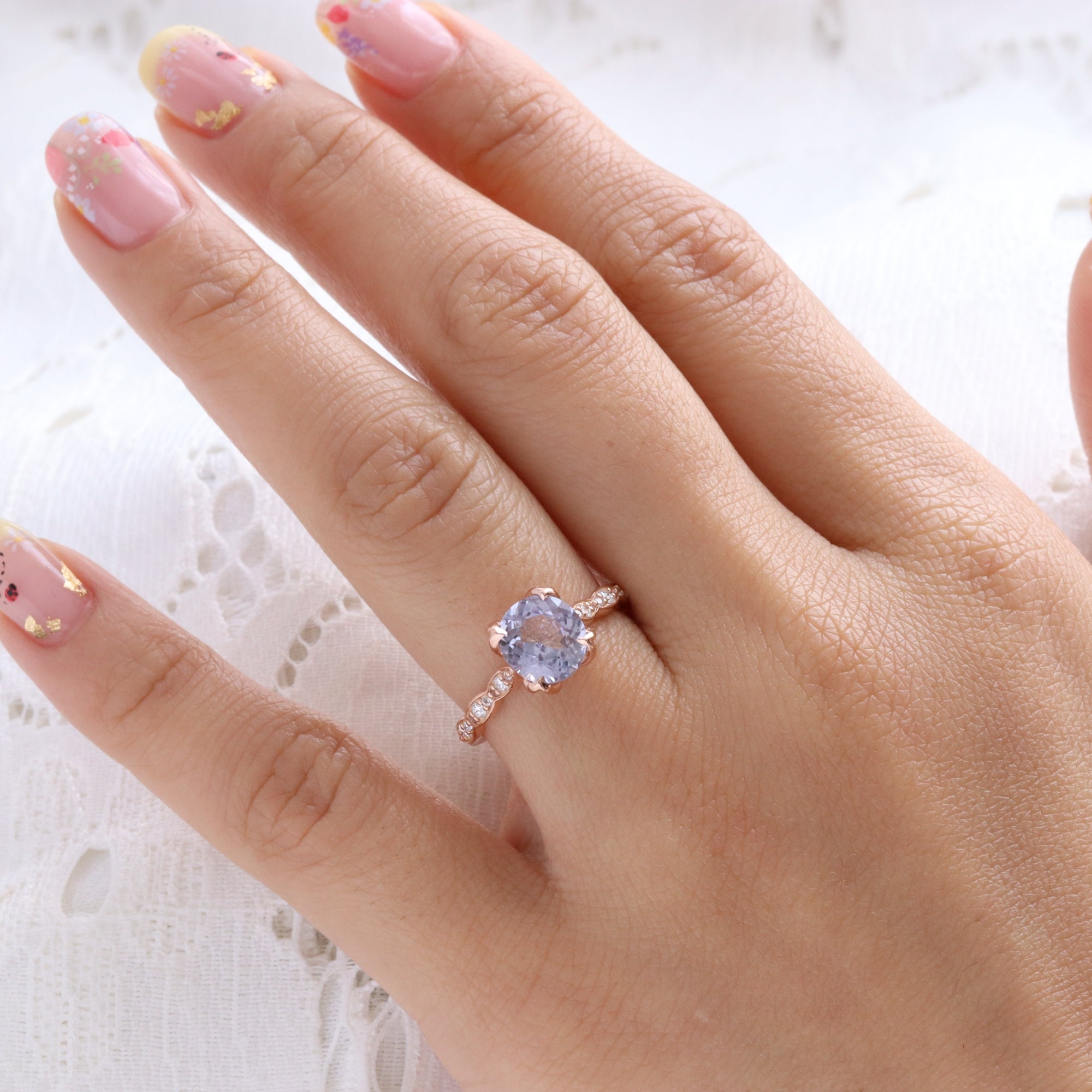 oval Lilac sapphire ring rose gold natural purple lavender sapphire solitaire ring diamond sapphire floral ring la more design jewelry