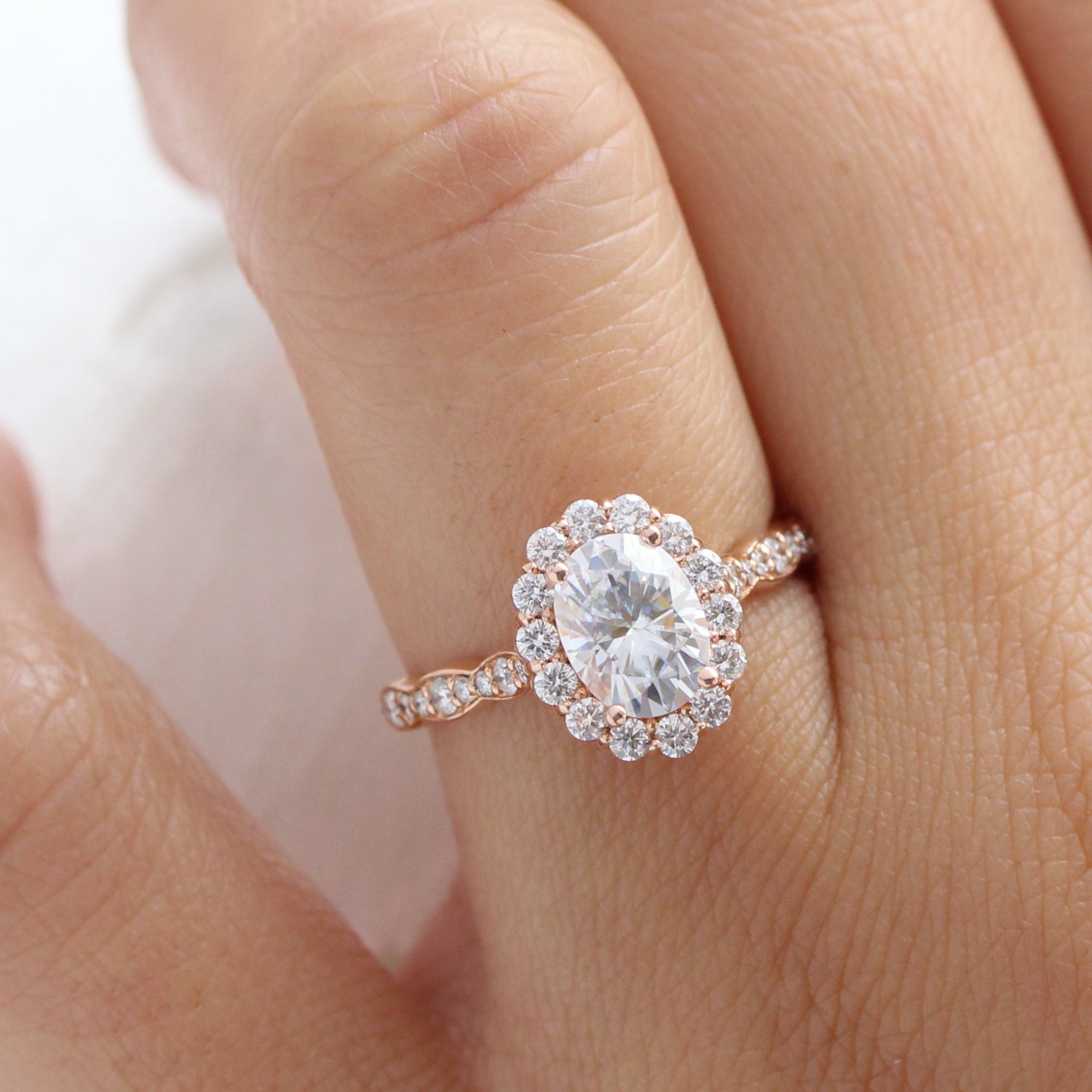 oval moissanite engagement ring rose gold halo diamond moissanite ring la more design jewelry