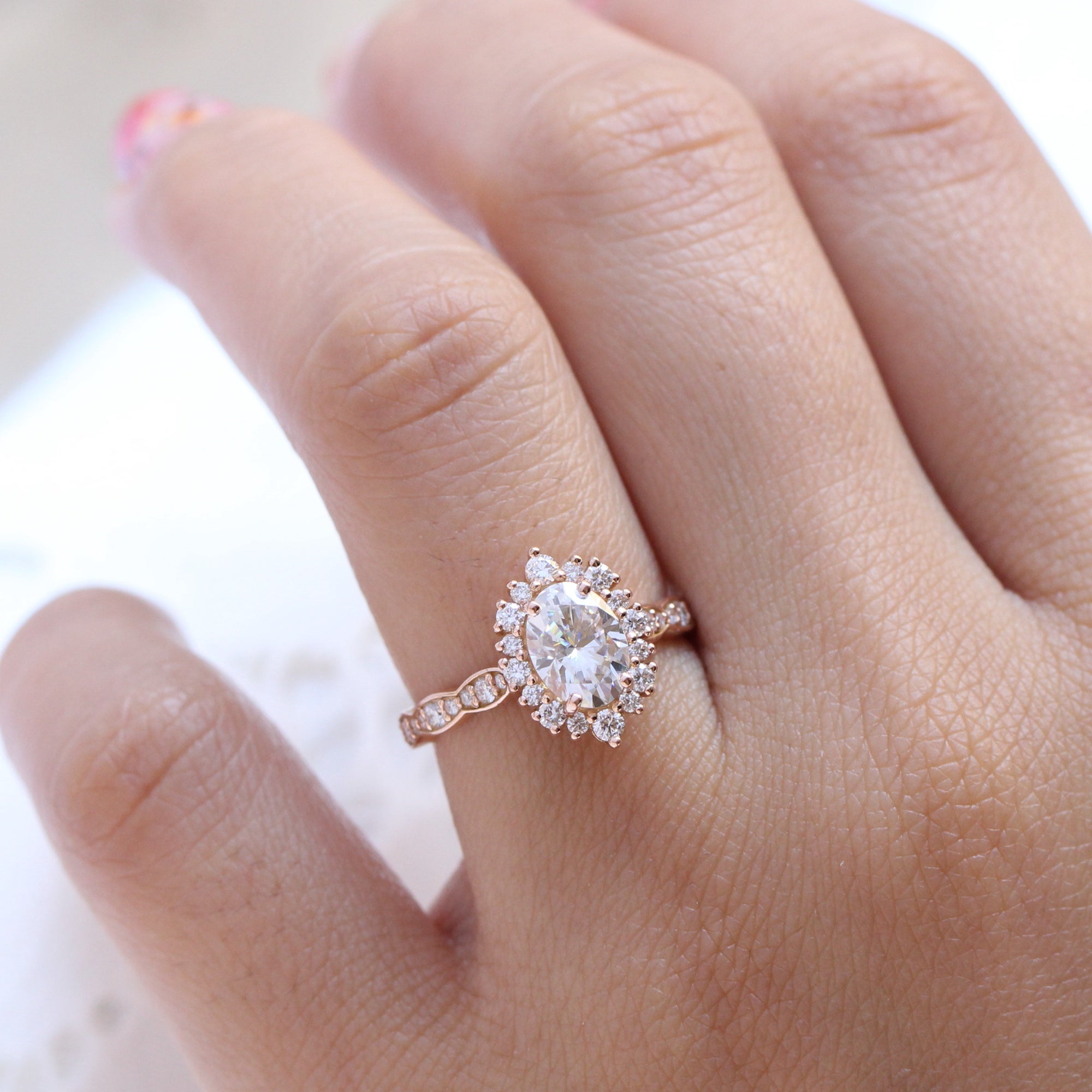 oval moissanite engagement ring rose gold in halo diamond cluster band by la more design jewelry