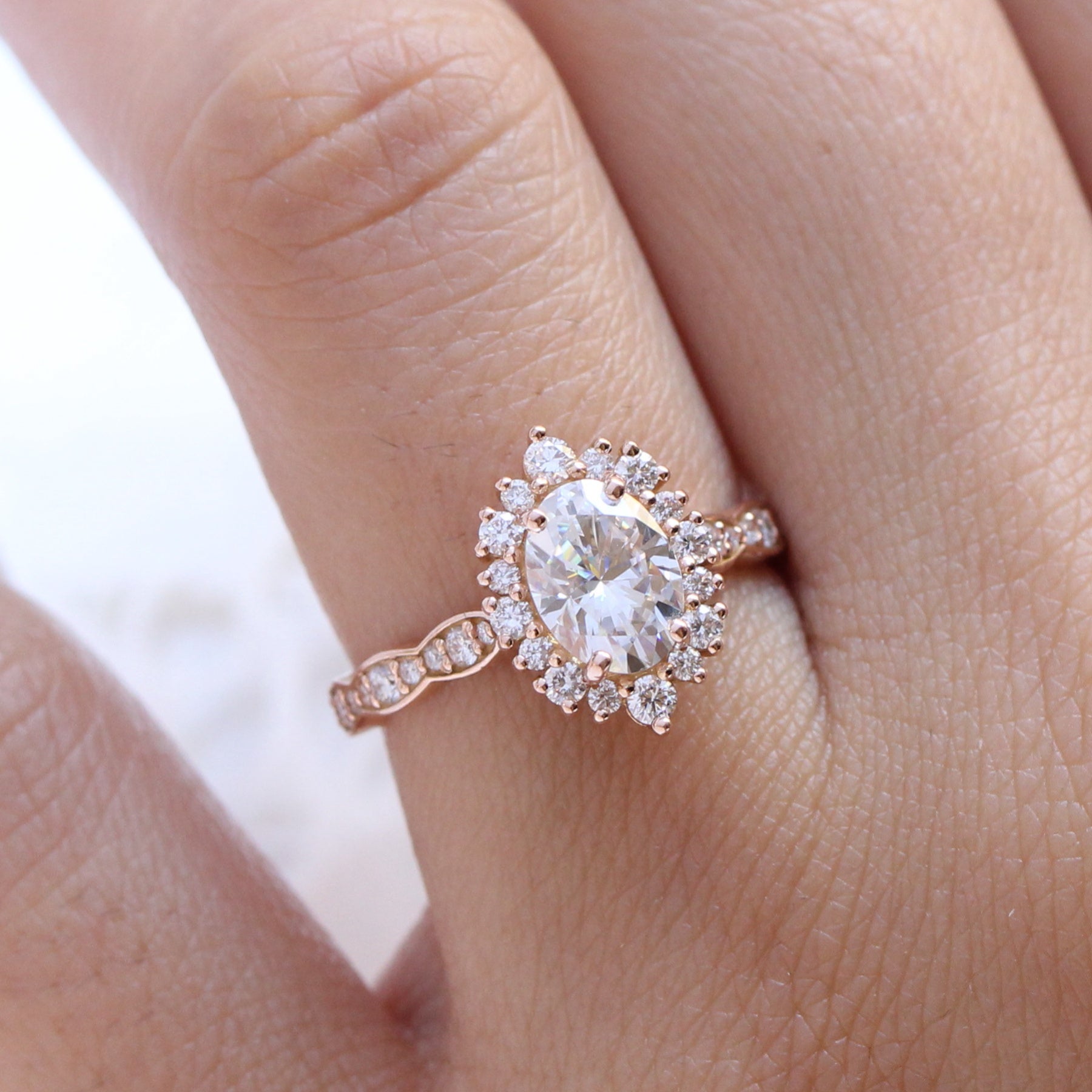 oval moissanite engagement ring rose gold in halo diamond cluster band by la more design jewelry