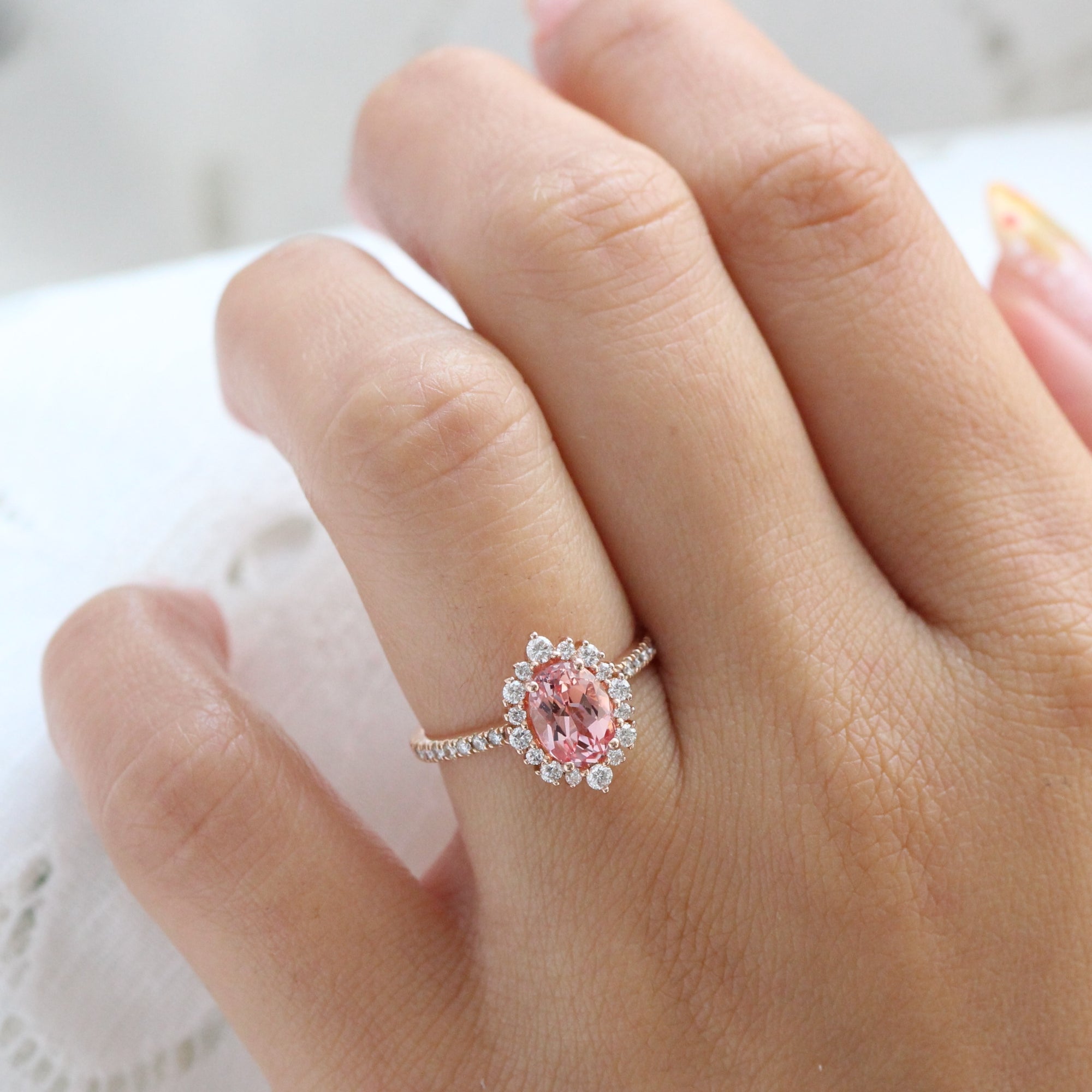 Oval peach sapphire engagement ring rose gold halo diamond pink sapphire ring La More Design Jewelry