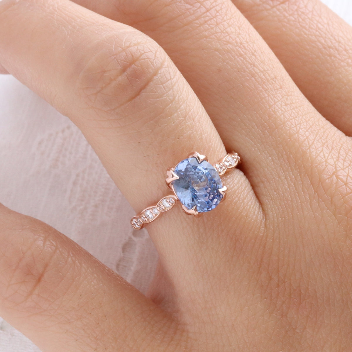 oval aqua blue sapphire ring rose gold natural Ceylon sapphire solitaire ring diamond sapphire floral ring la more design jewelry