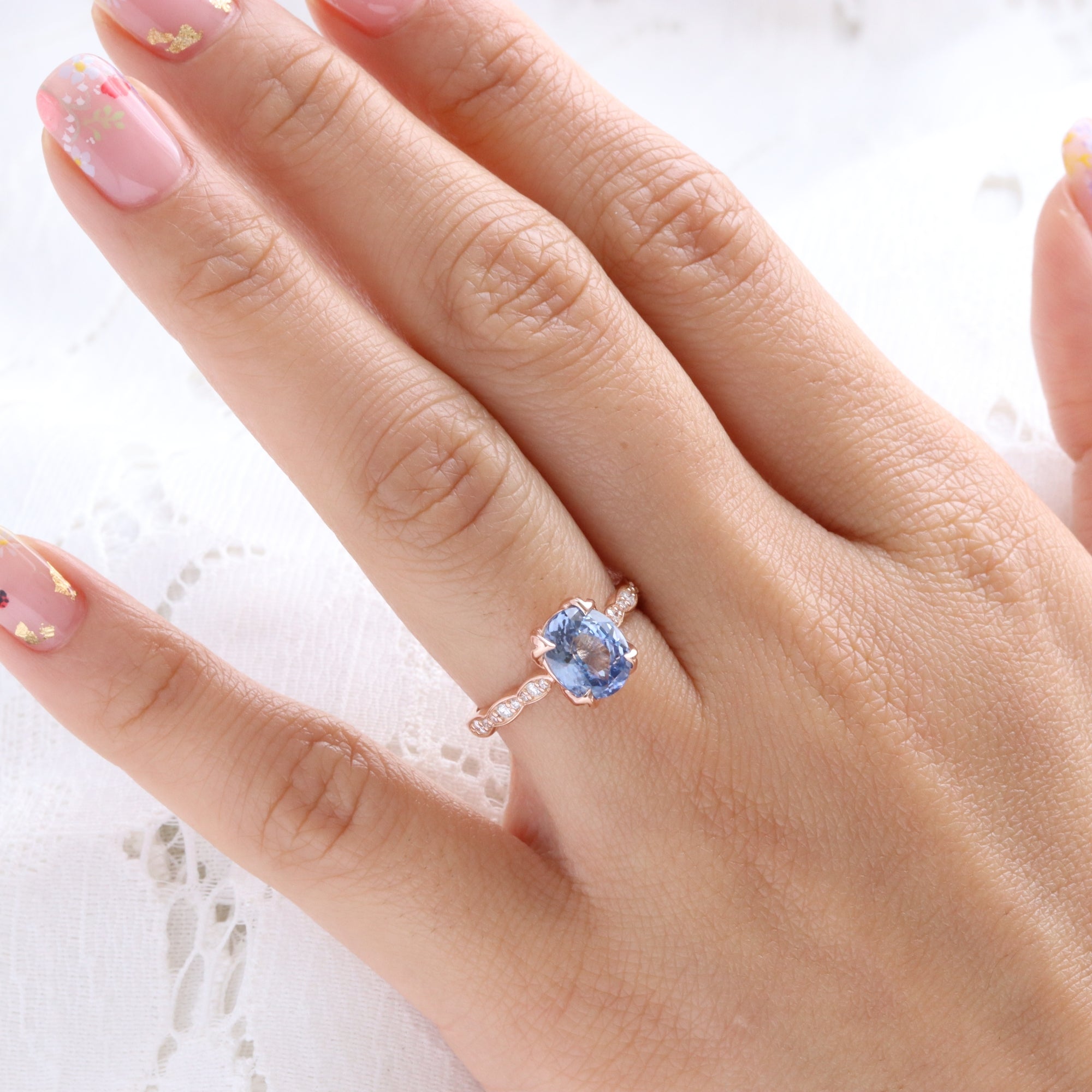 oval aqua blue sapphire ring rose gold natural Ceylon sapphire solitaire ring diamond sapphire floral ring la more design jewelry
