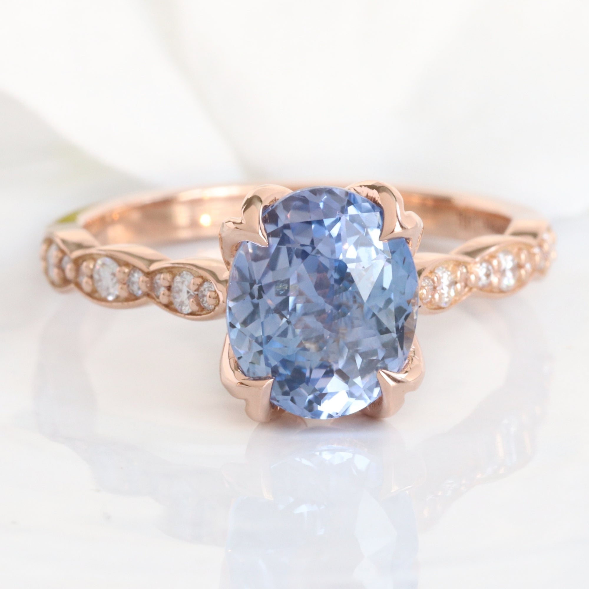 oval aqua blue sapphire ring rose gold natural Ceylon sapphire solitaire ring diamond sapphire floral ring la more design jewelry