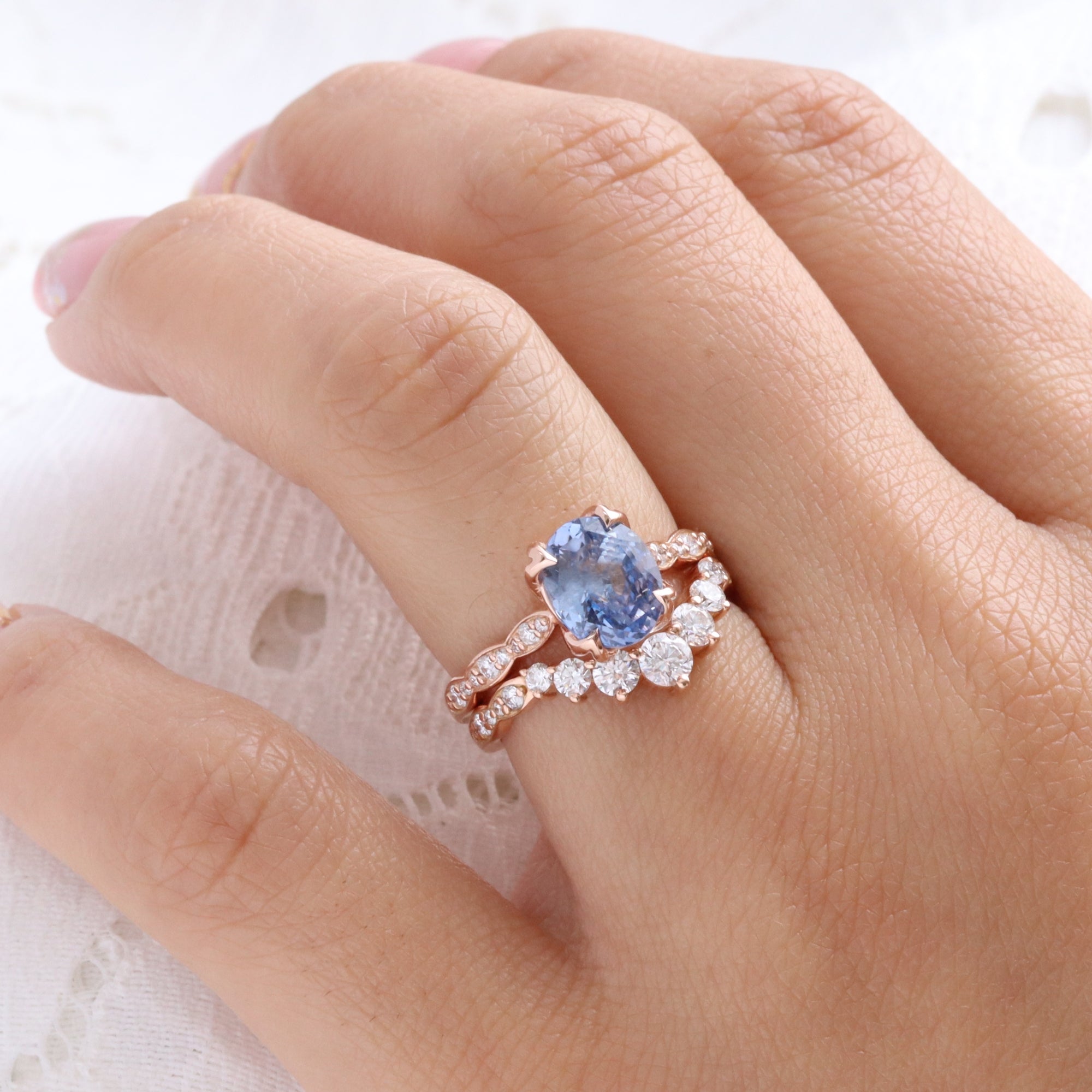 oval aqua blue sapphire ring rose gold natural Ceylon sapphire solitaire ring diamond sapphire floral ring la more design jewelry