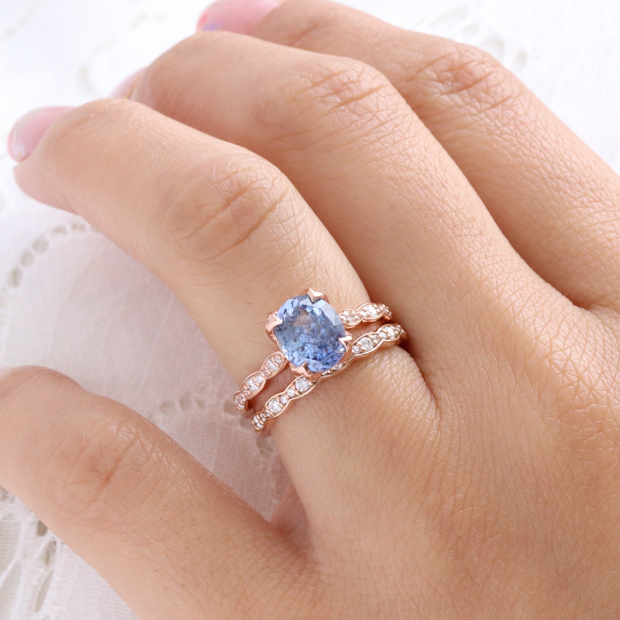oval aqua blue sapphire ring rose gold natural Ceylon sapphire solitaire ring diamond sapphire floral ring la more design jewelry