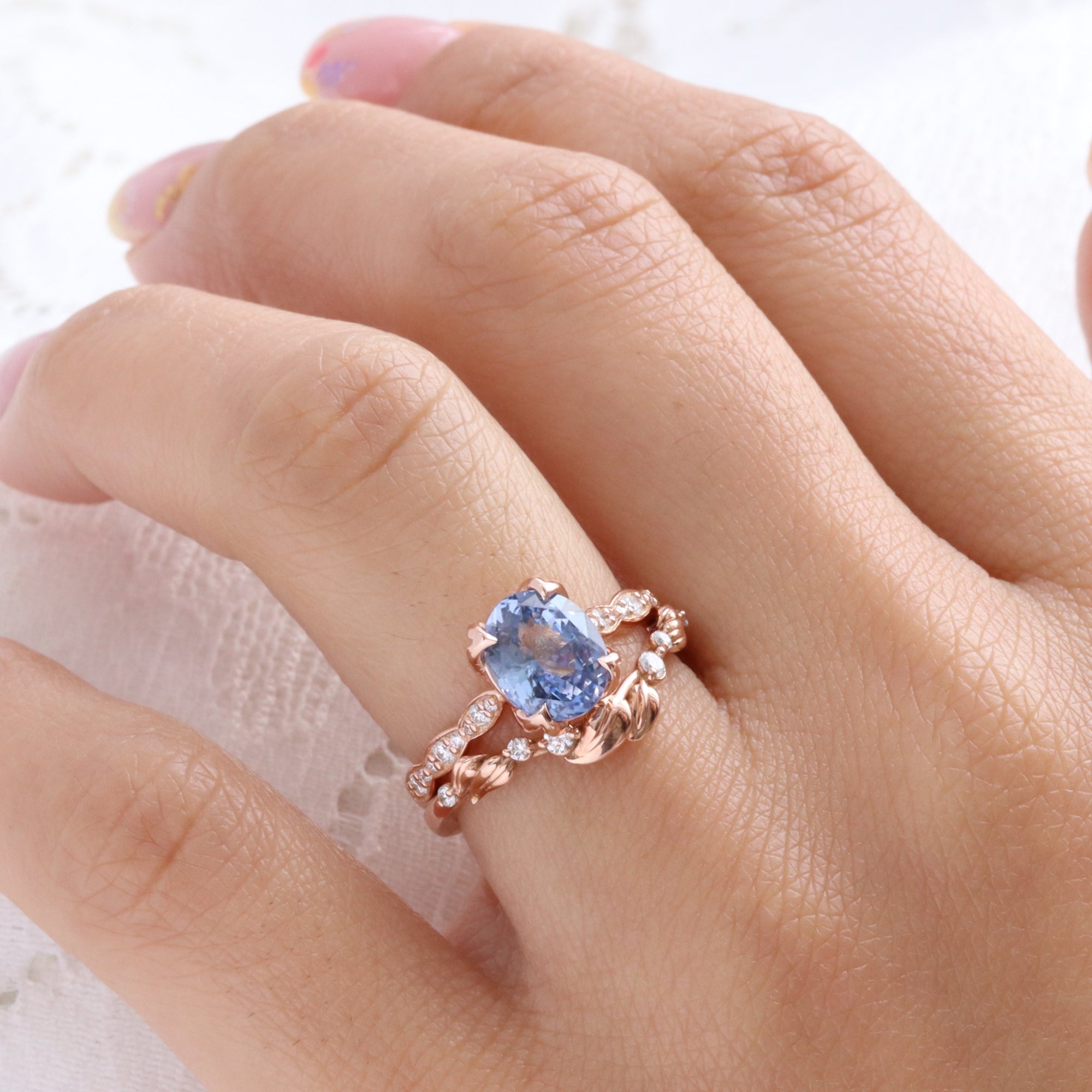 oval aqua blue sapphire ring rose gold natural Ceylon sapphire solitaire ring diamond sapphire floral ring la more design jewelry