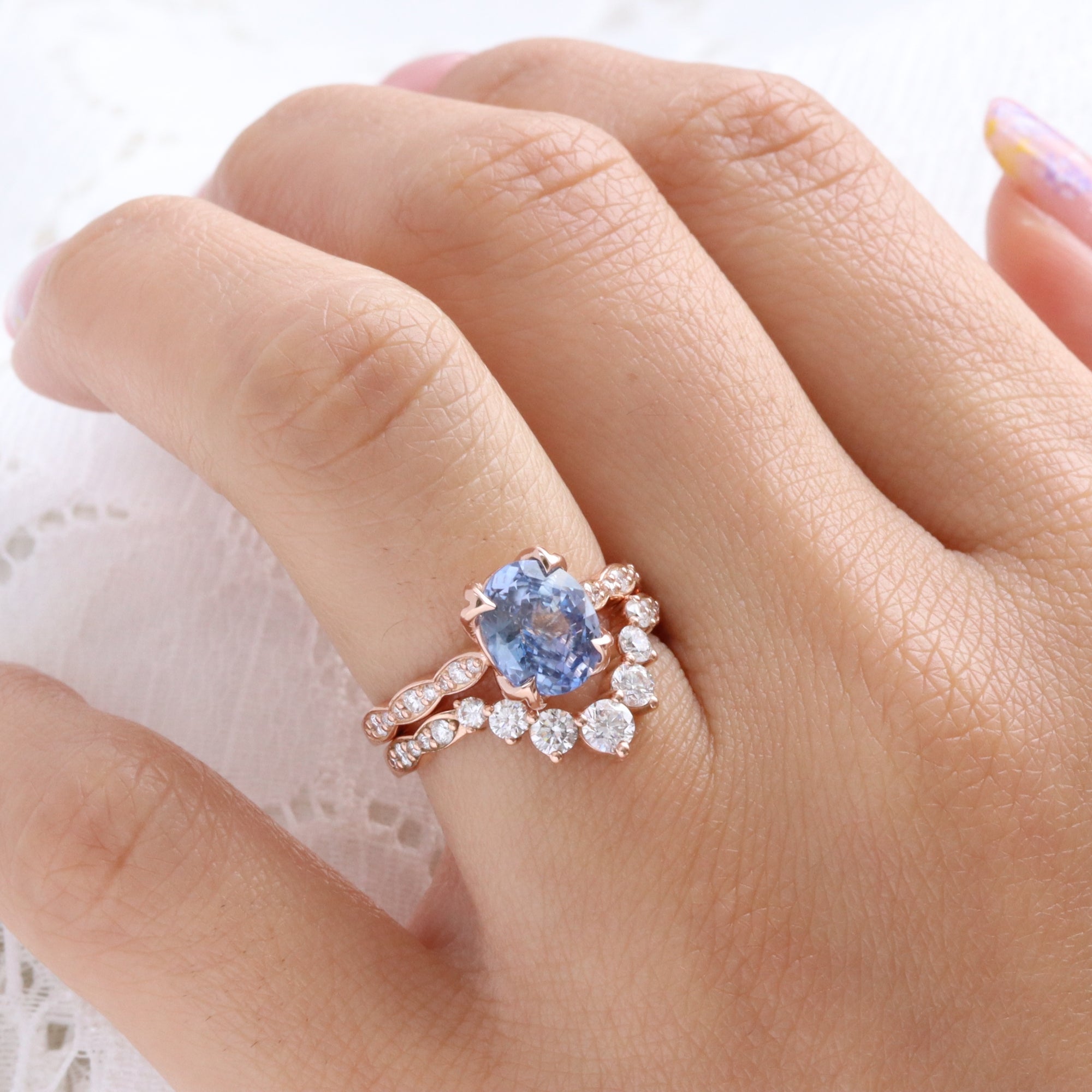 oval aqua blue sapphire ring rose gold natural Ceylon sapphire solitaire ring diamond sapphire floral ring la more design jewelry