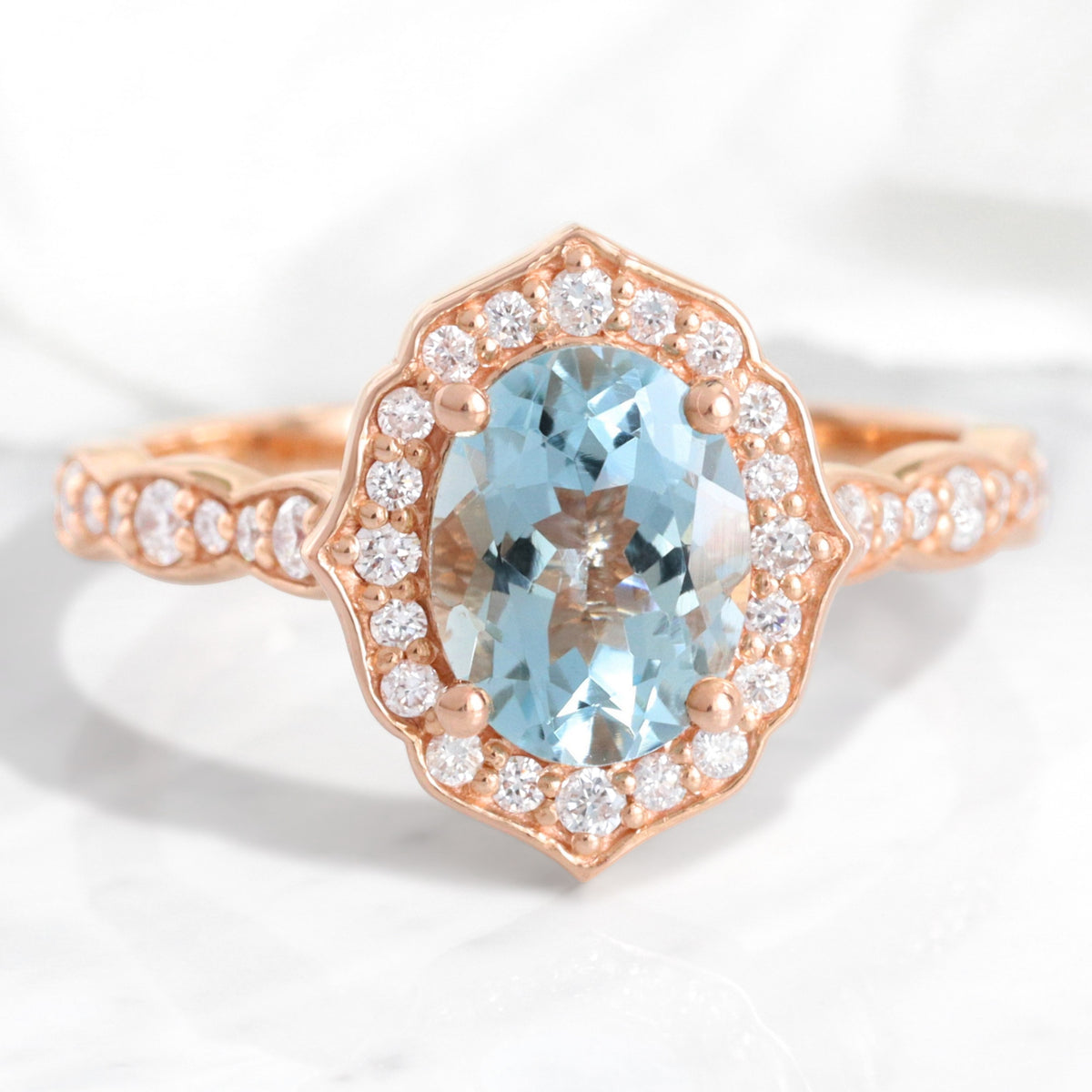 oval aquamarine engagement ring rose gold vintage halo diamond aqua ring la more design jewelry
