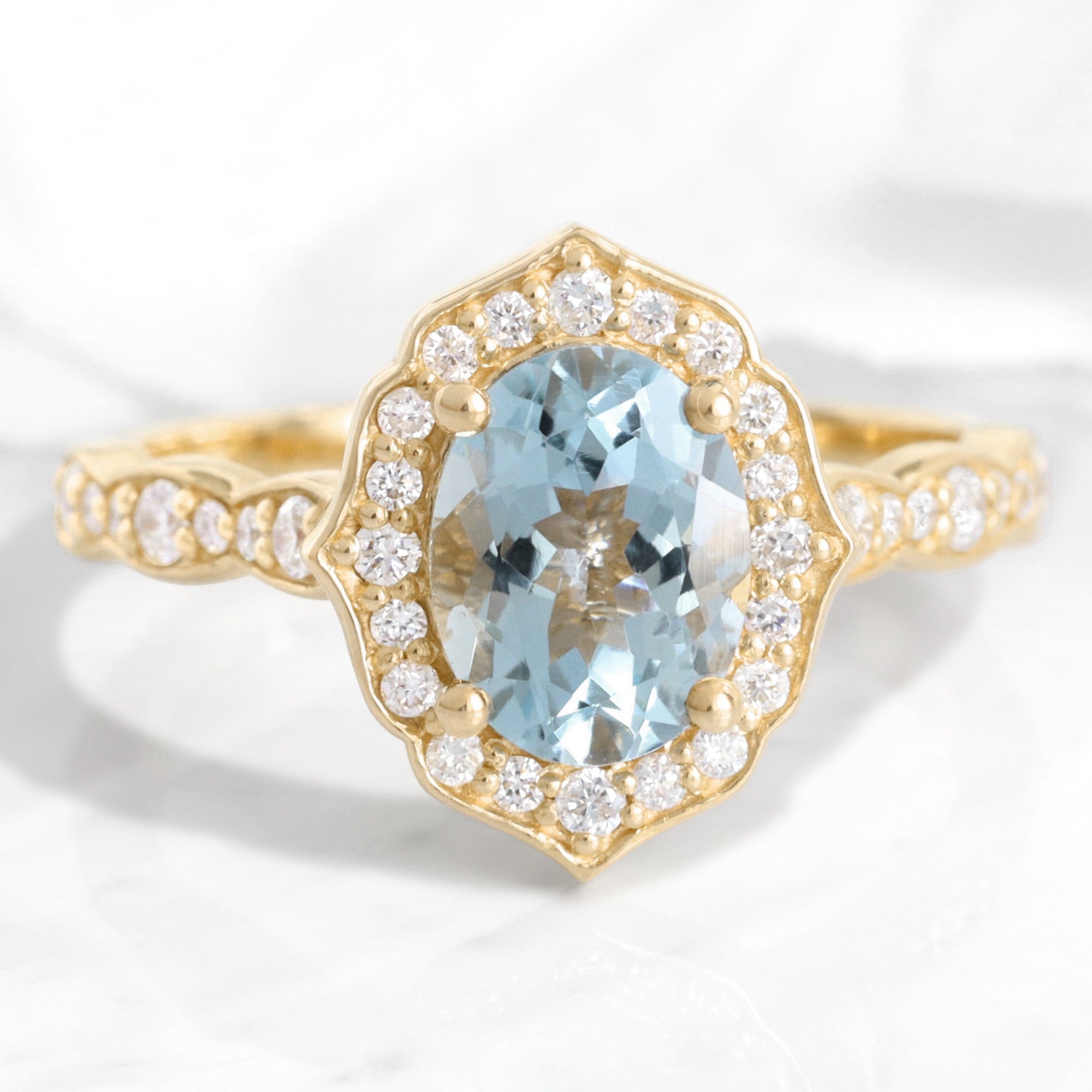 Oval Aquamarine Engagement Ring in Rose Gold Diamond Floral Band
