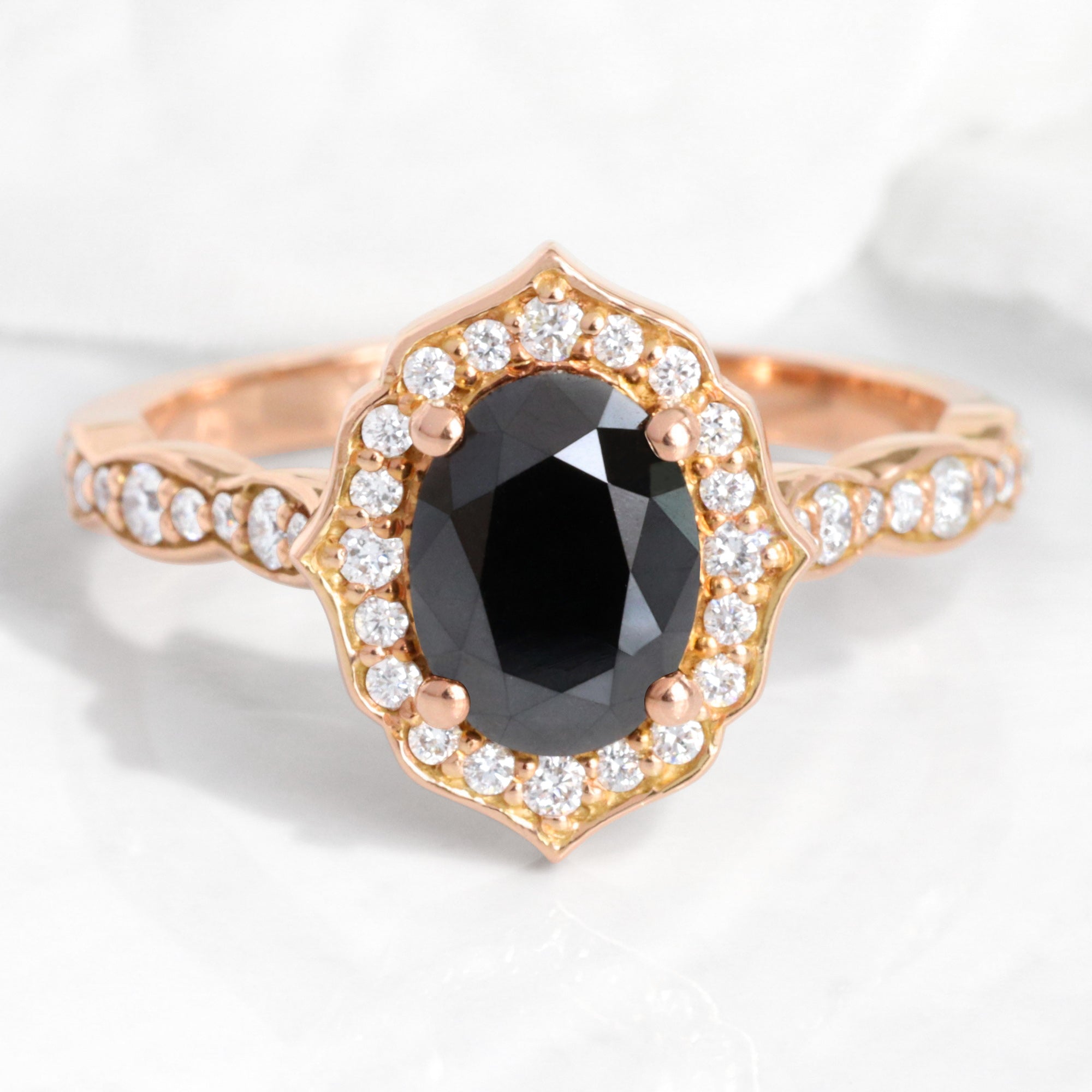 Natural Black Diamond Engagement Ring Rose Gold Vintage Halo Oval