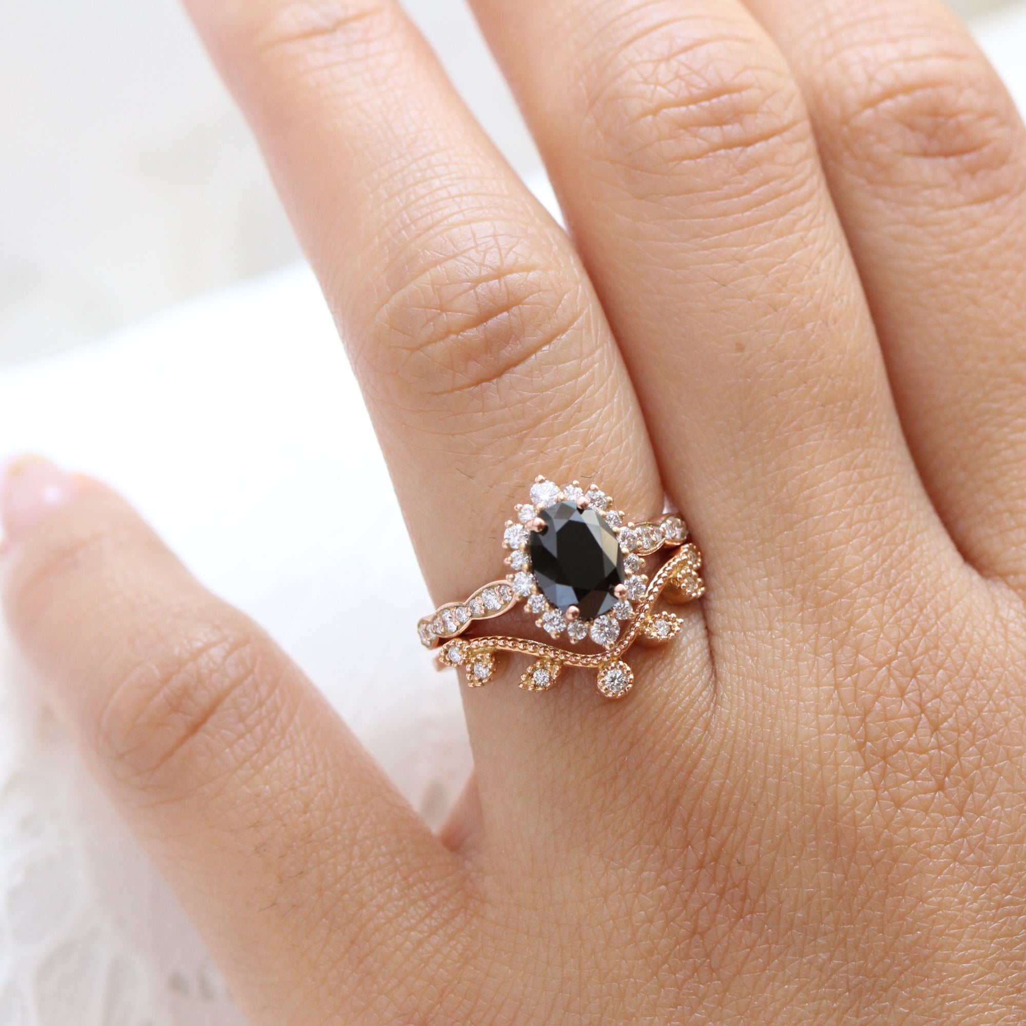 oval black diamond ring bridal set rose gold halo diamond wedding ring stack la more design jewelry