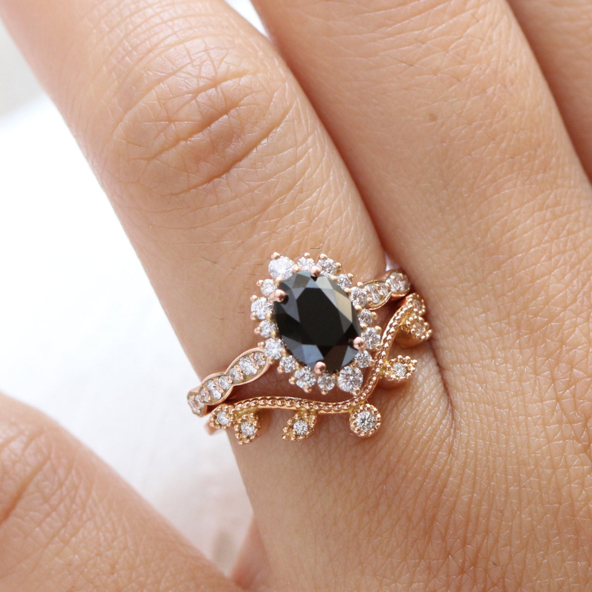 oval black diamond large halo ring rose gold leaf diamond wedding band bridal set la more design jewelry