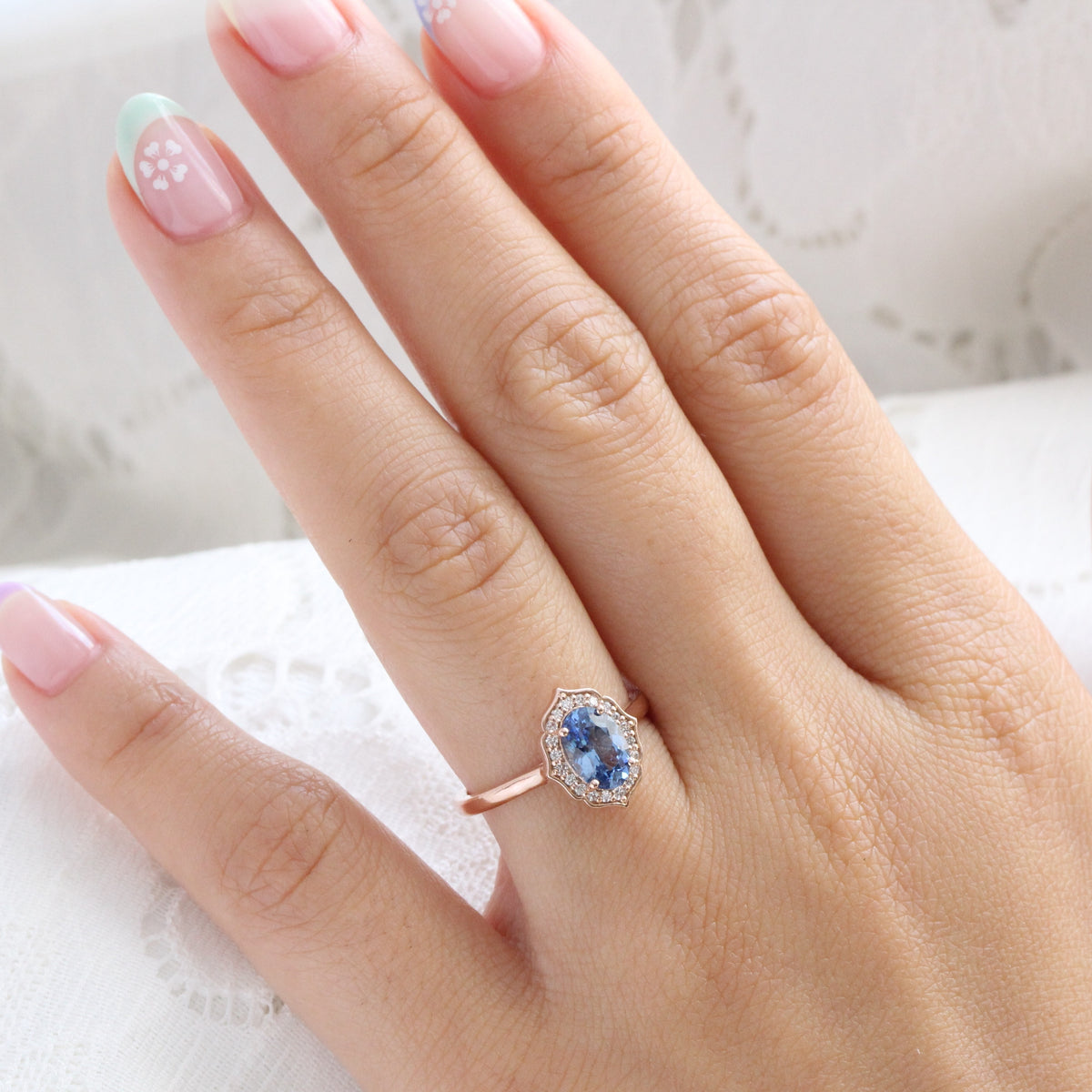 Vintage Blue Sapphire Diamond Ring Rose Gold Oval Ceylon Sapphire Ring ...