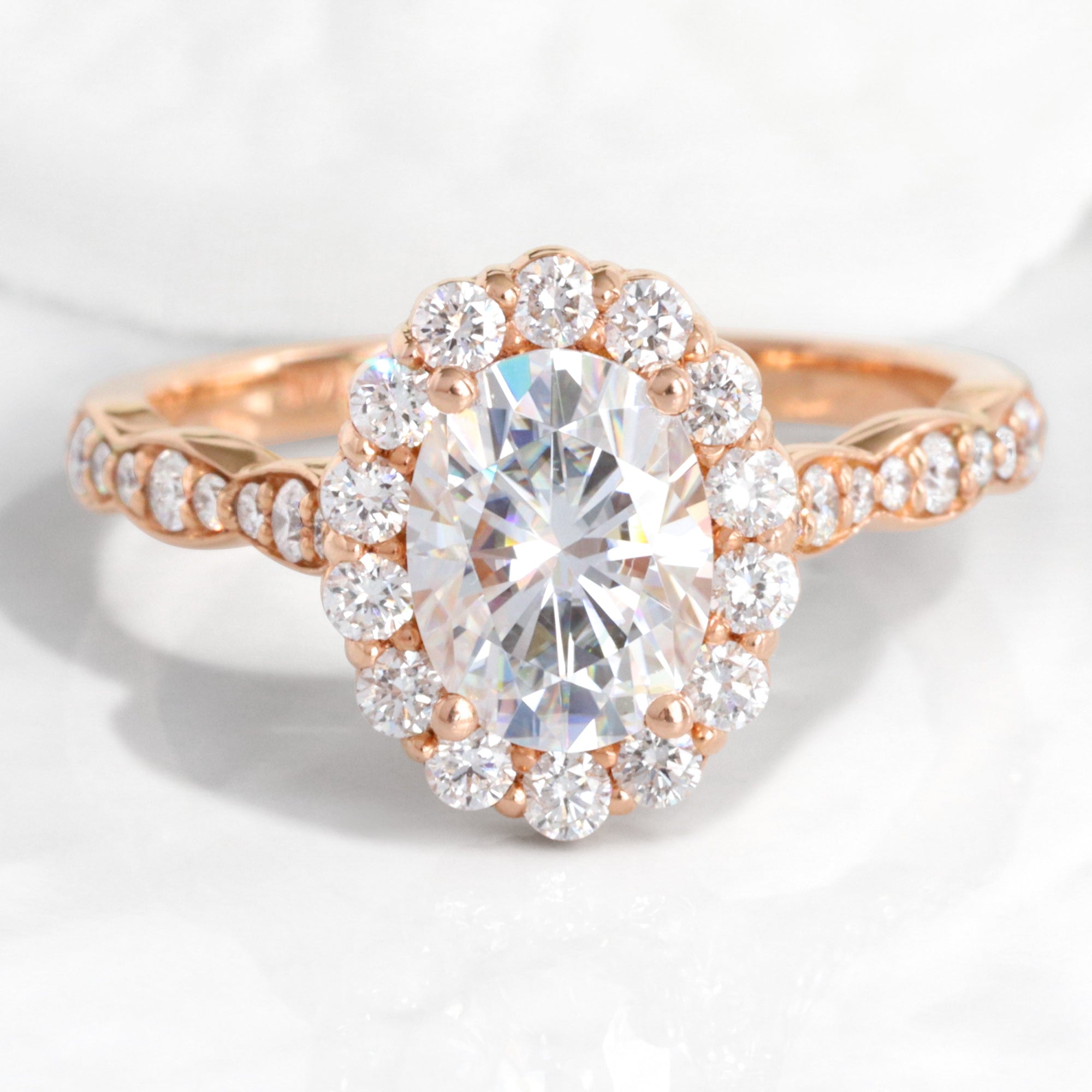 Oval Moissanite Ring Rose Gold Halo Diamond Moissanite Engagement