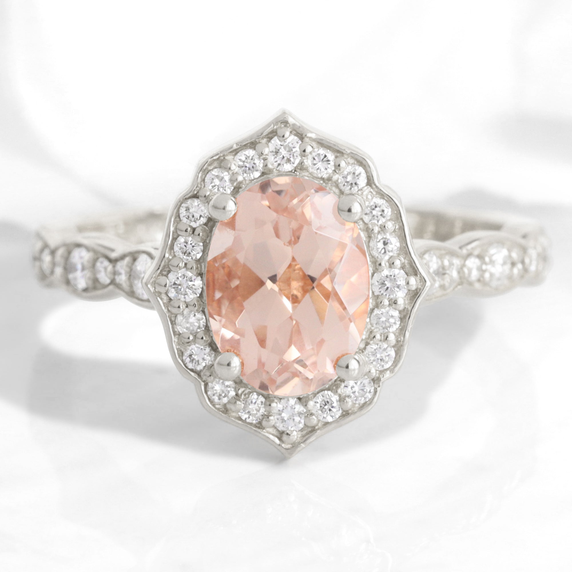 14k White Gold Round Morganite and Diamond Halo Vintage Style Engagement Ring 14k White Gold Round Morganite and Diamond Halo Vintage Style Engagement Ring