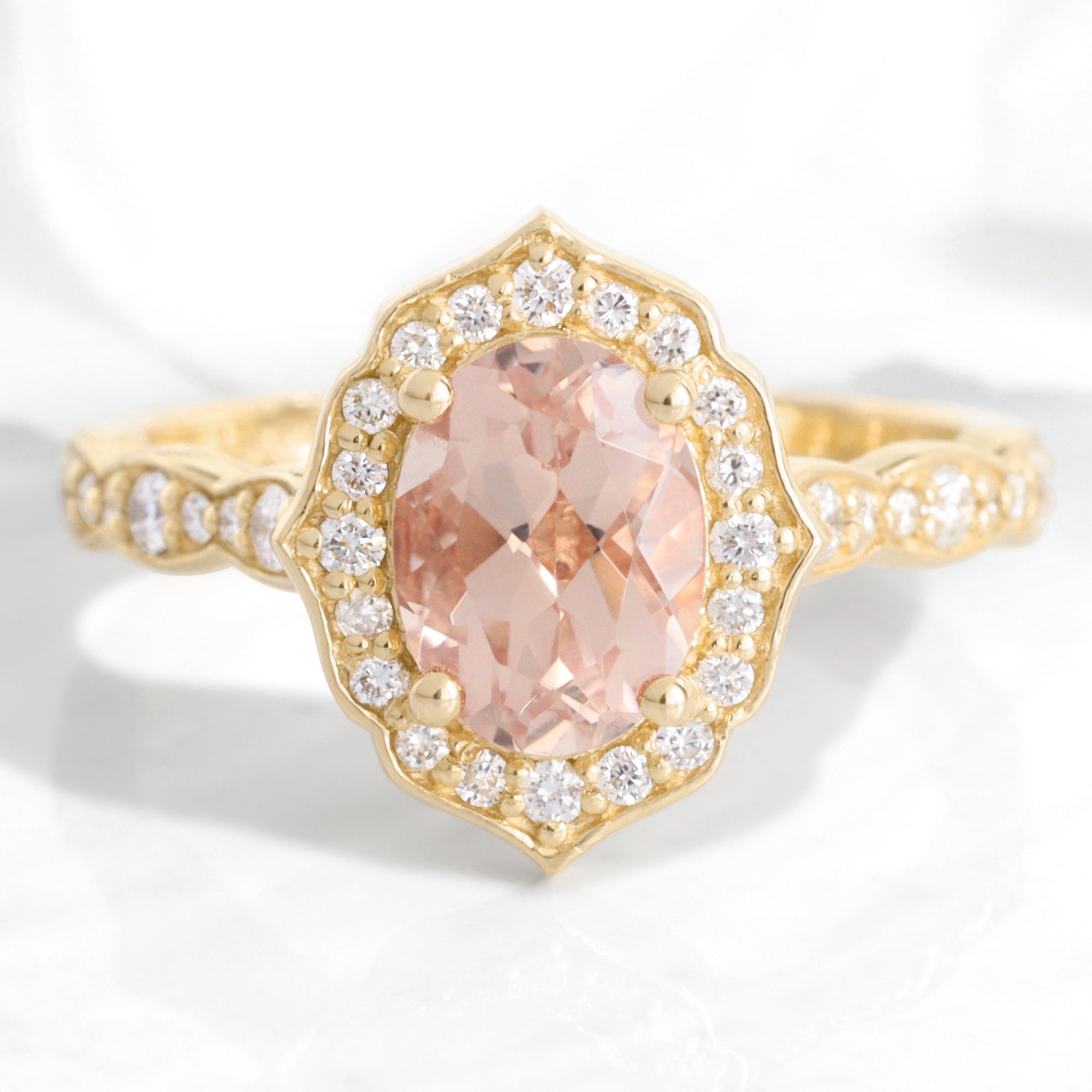 14k White Gold Round Morganite and Diamond Halo Vintage Style Engagement Ring 14k White Gold Round Morganite and Diamond Halo Vintage Style Engagement Ring