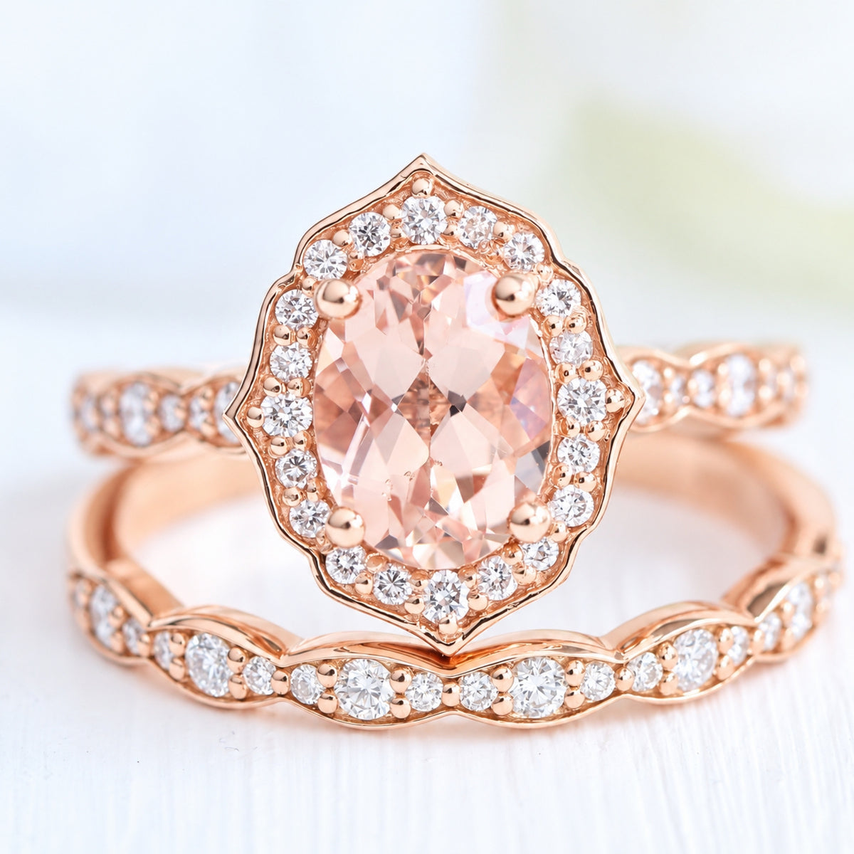 oval morganite ring stack rose gold vintage halo diamond ring la more design jewelry