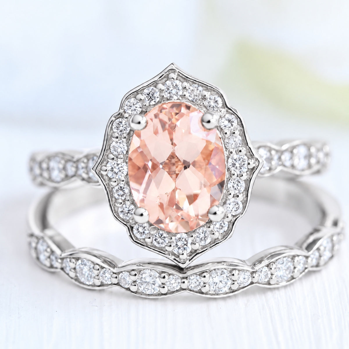 oval morganite ring stack white gold vintage halo diamond ring la more design jewelry