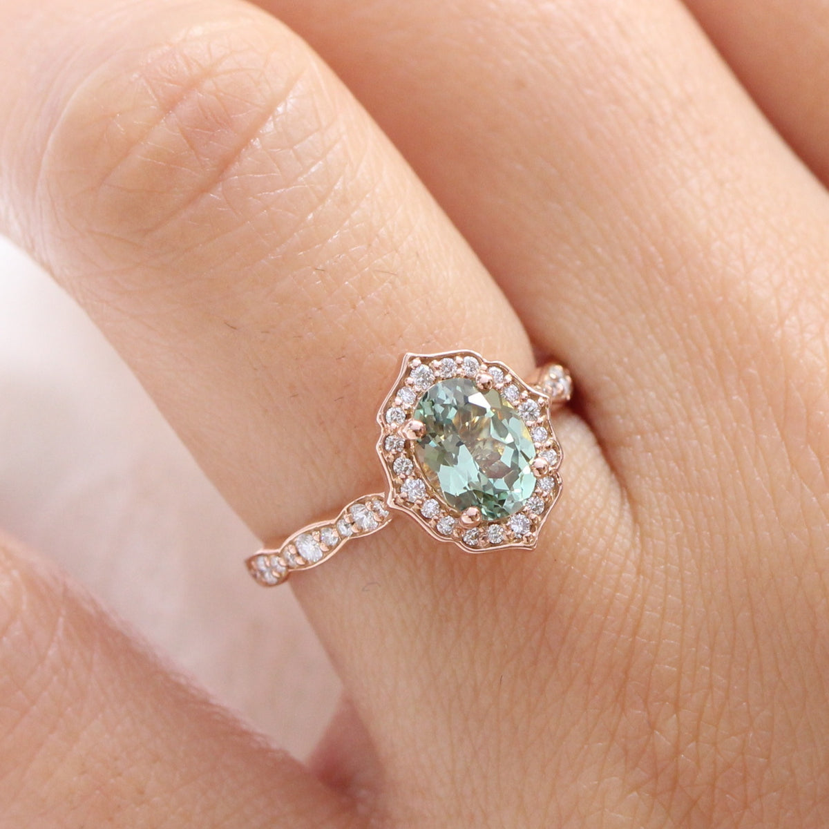 vintage style green sapphire engagement ring rose gold halo diamond sapphire cluster ring la more design jewelry