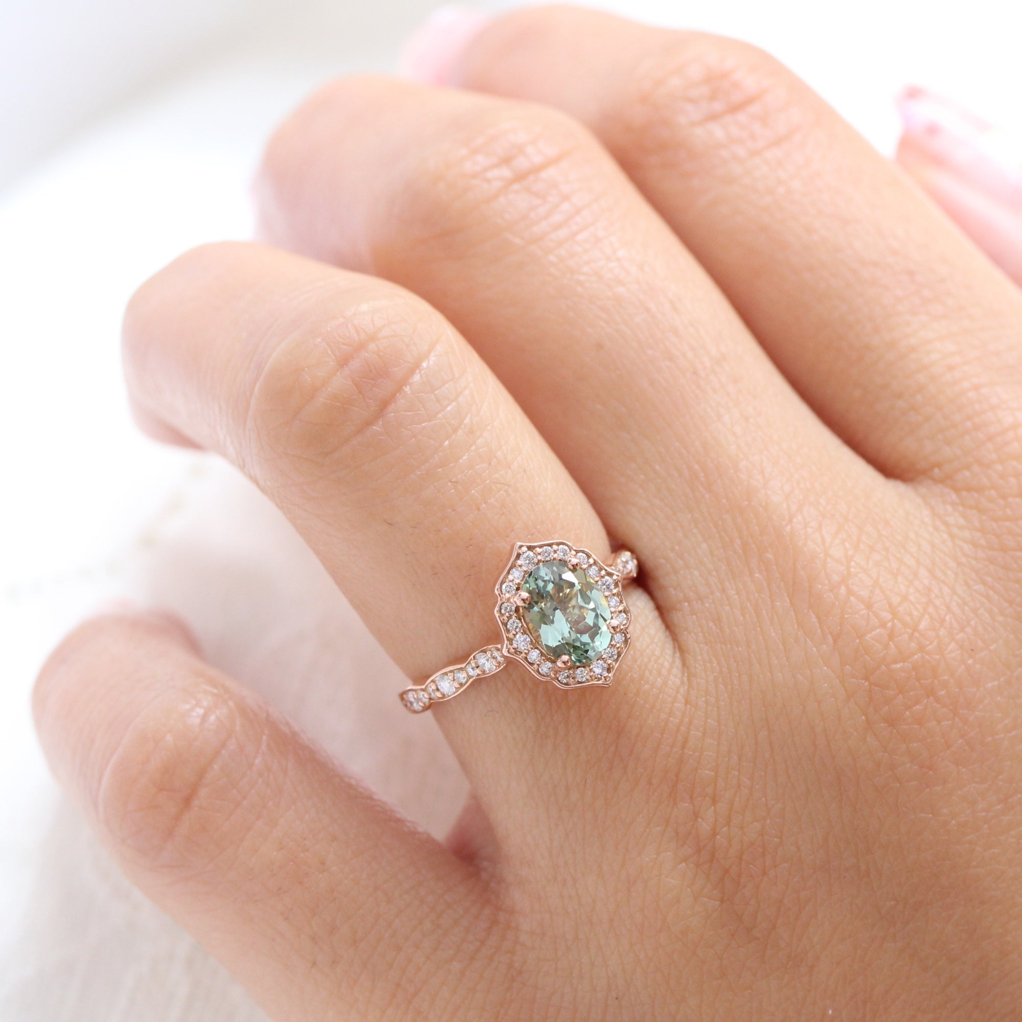 vintage style green sapphire engagement ring rose gold halo diamond sapphire cluster ring la more design jewelry