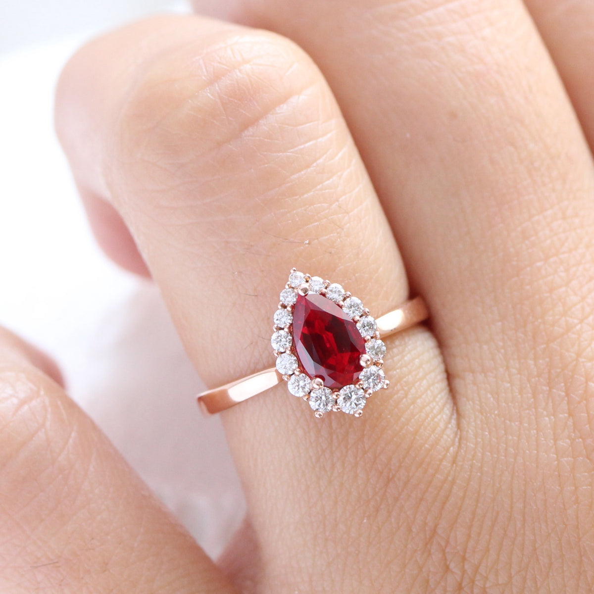 pear shaped ruby engagement ring rose gold halo diamond ruby cluster ring la more design jewelry
