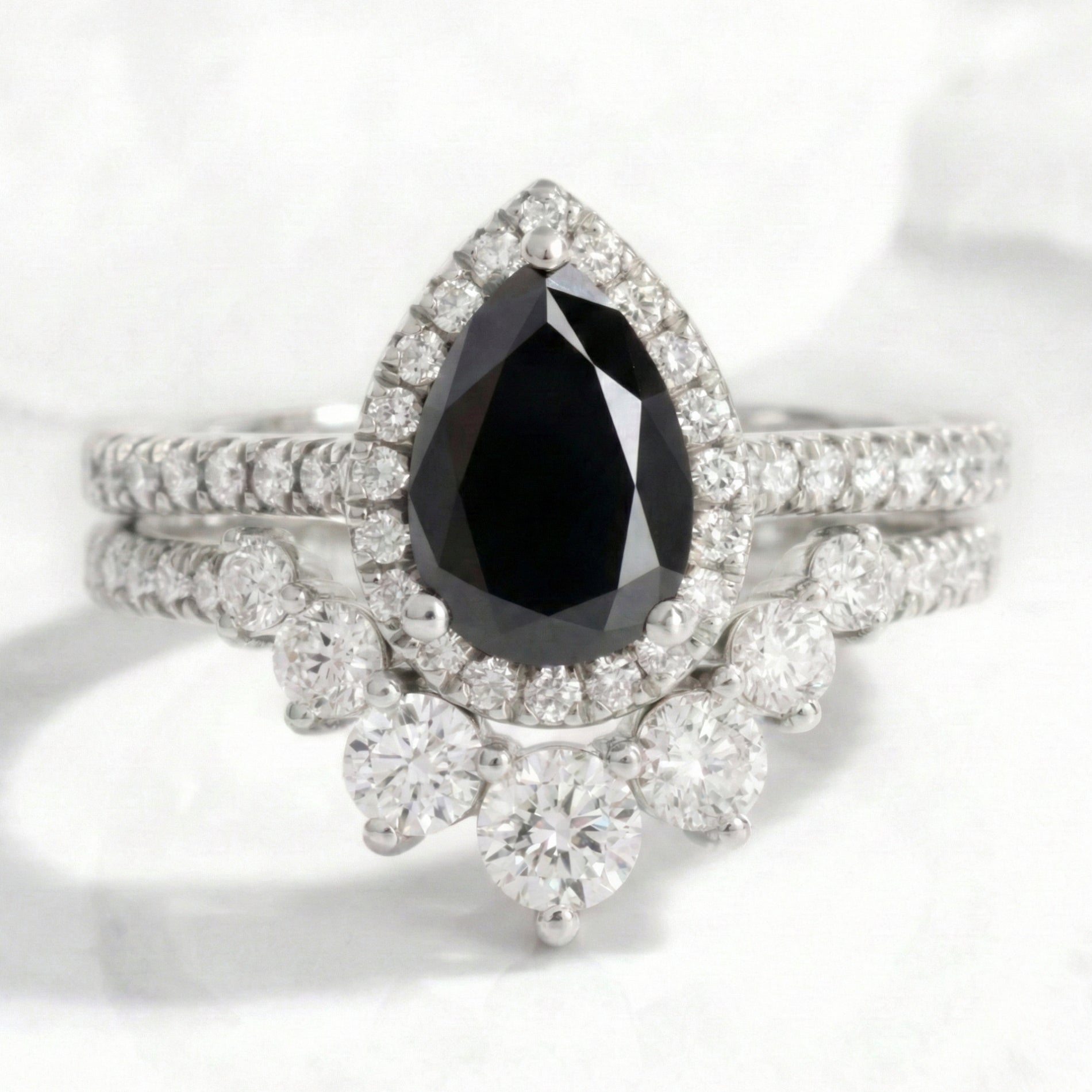 pear black diamond engagement ring bridal set white gold curved diamond wedding band stacking rings la more design jewelry