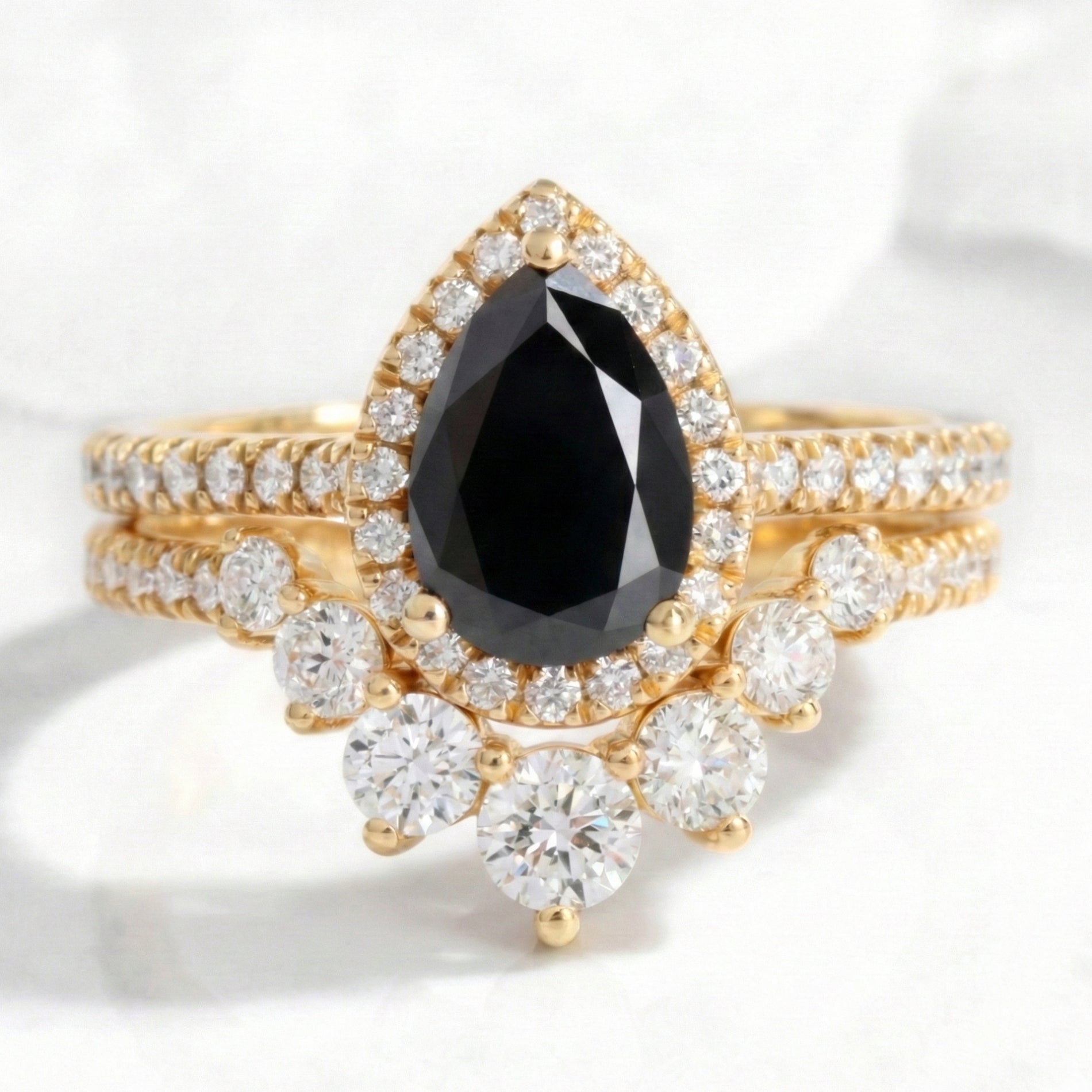 pear black diamond engagement ring bridal set yellow gold curved diamond wedding band stacking rings la more design jewelry