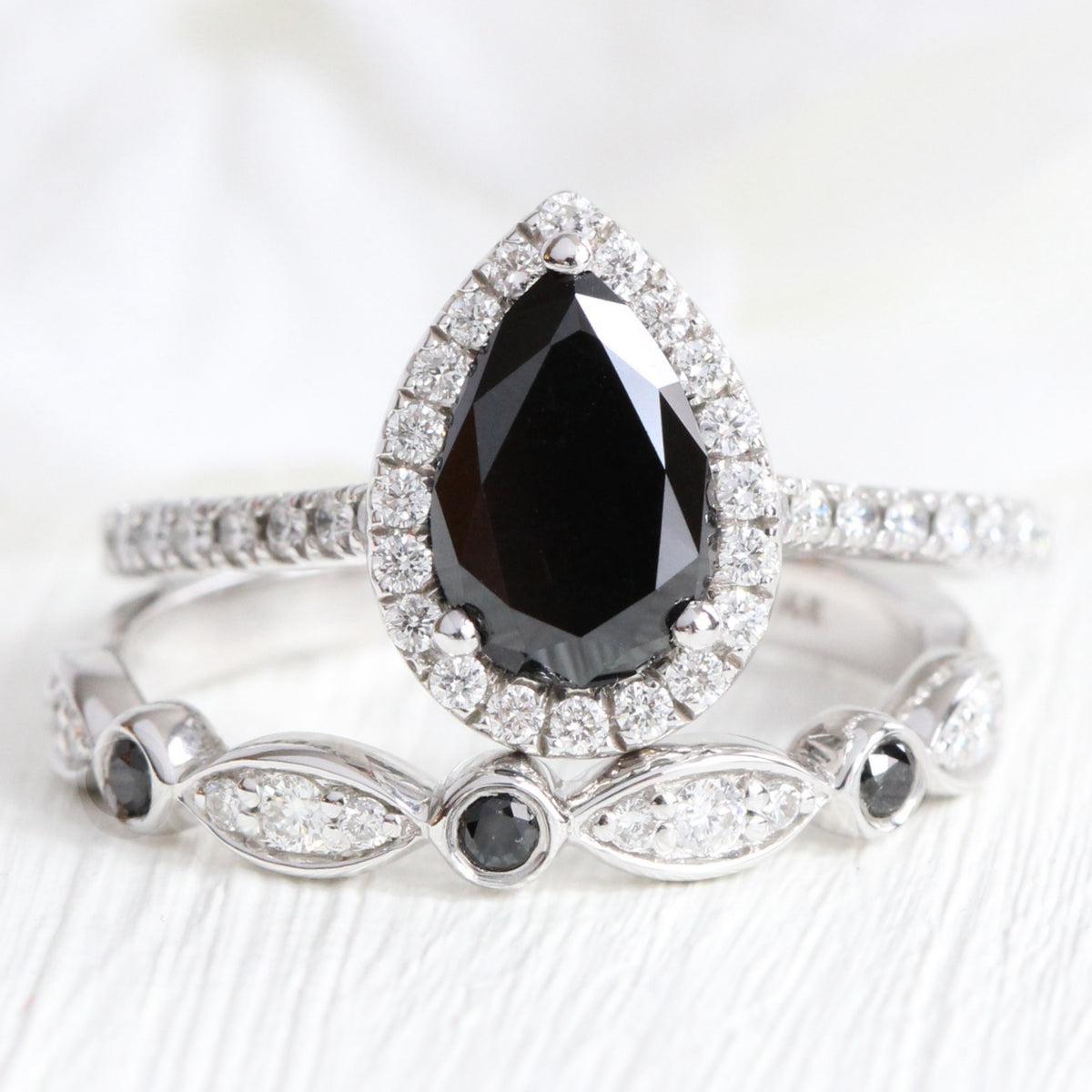 pear black diamond engagement ring in white gold halo diamond ring bridal set by la more design jewelry