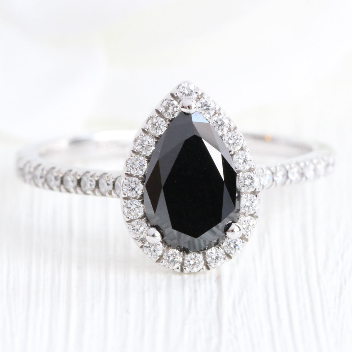 pear black diamond engagement ring in white gold halo diamond ring by la more design jewelry