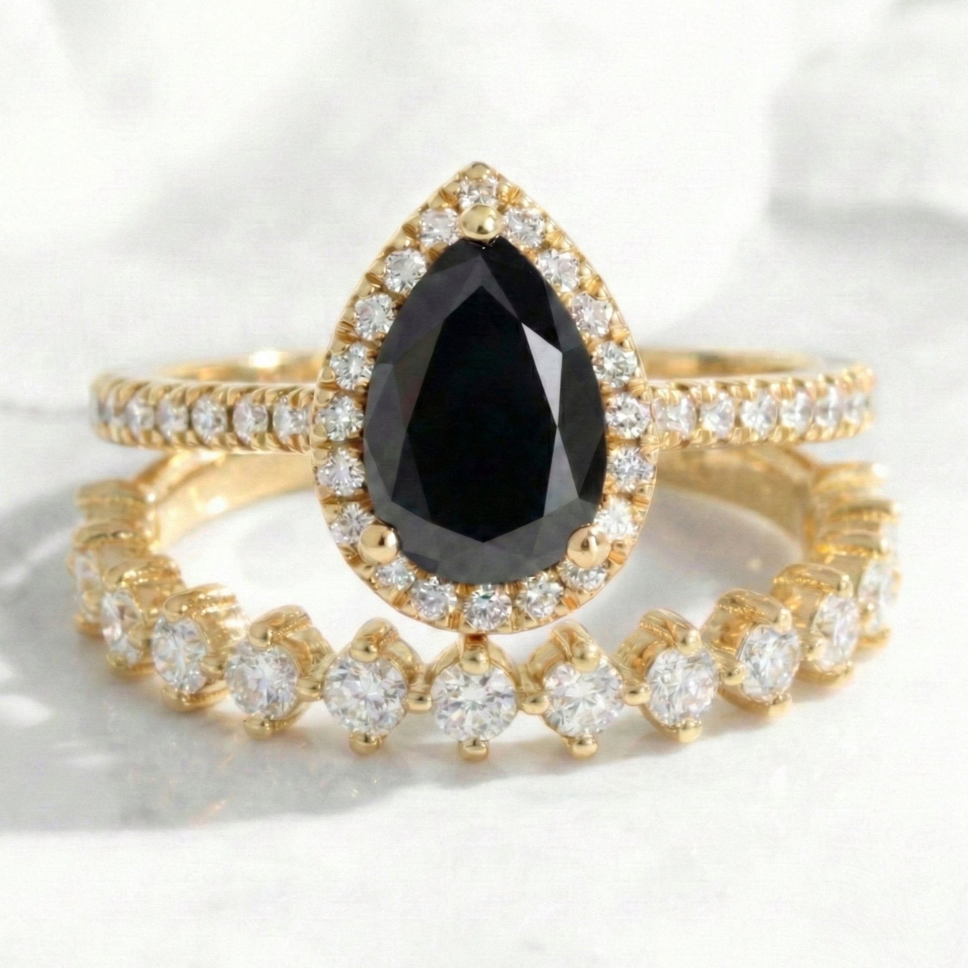 pear black diamond halo ring bridal set yellow gold matching diamond wedding band stacking rings la more design jewelry