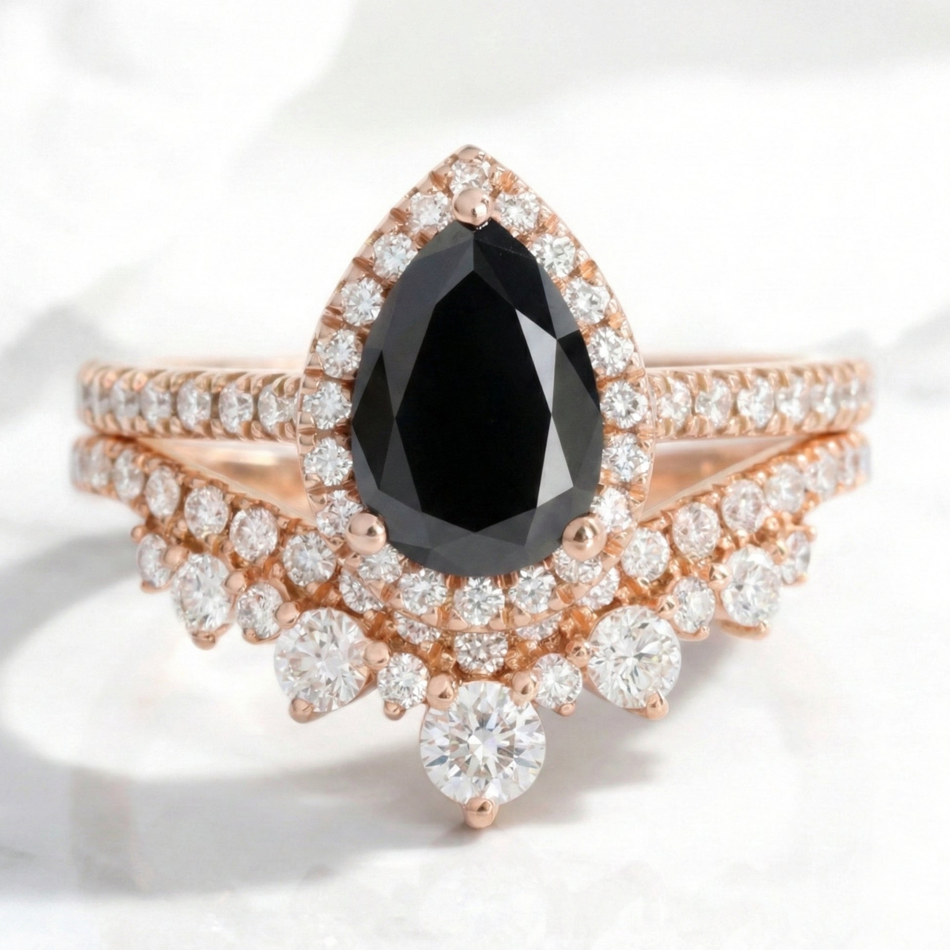 pear black diamond ring bridal set rose gold large diamond wedding band stacking rings la more design jewelry
