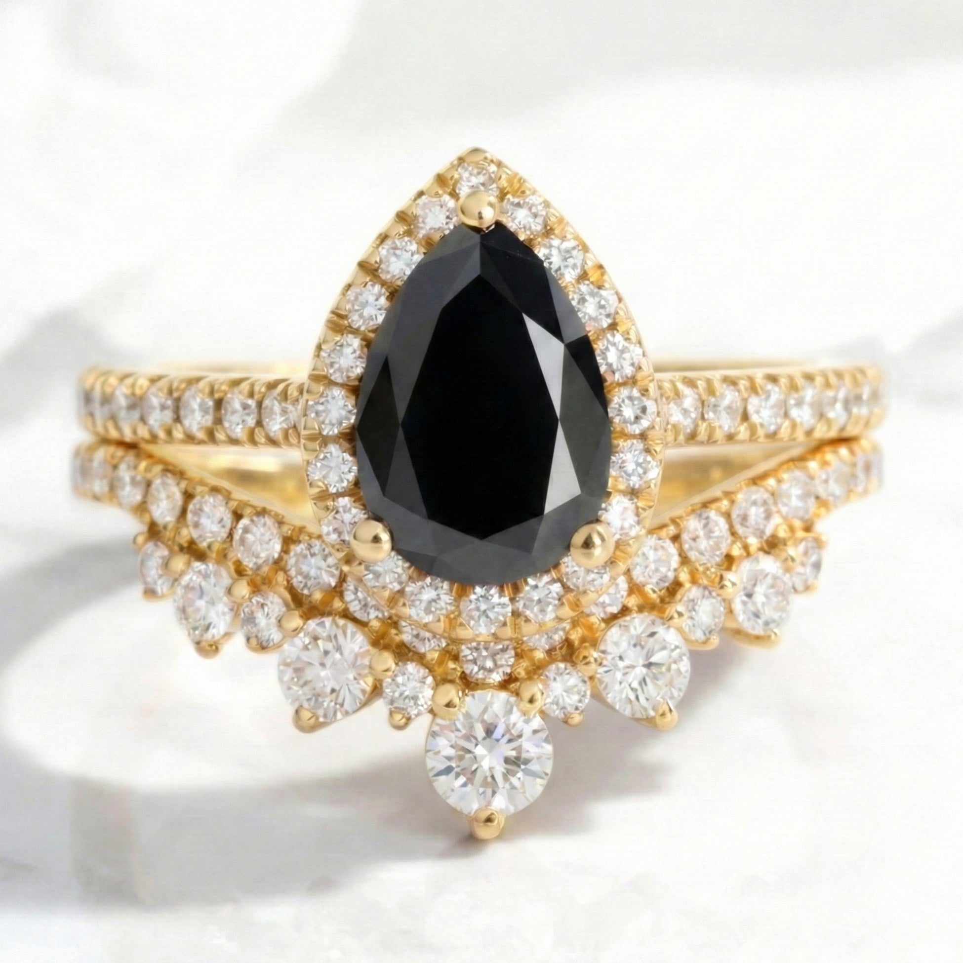 pear black diamond ring bridal set yellow gold large diamond wedding band stacking rings la more design jewelry