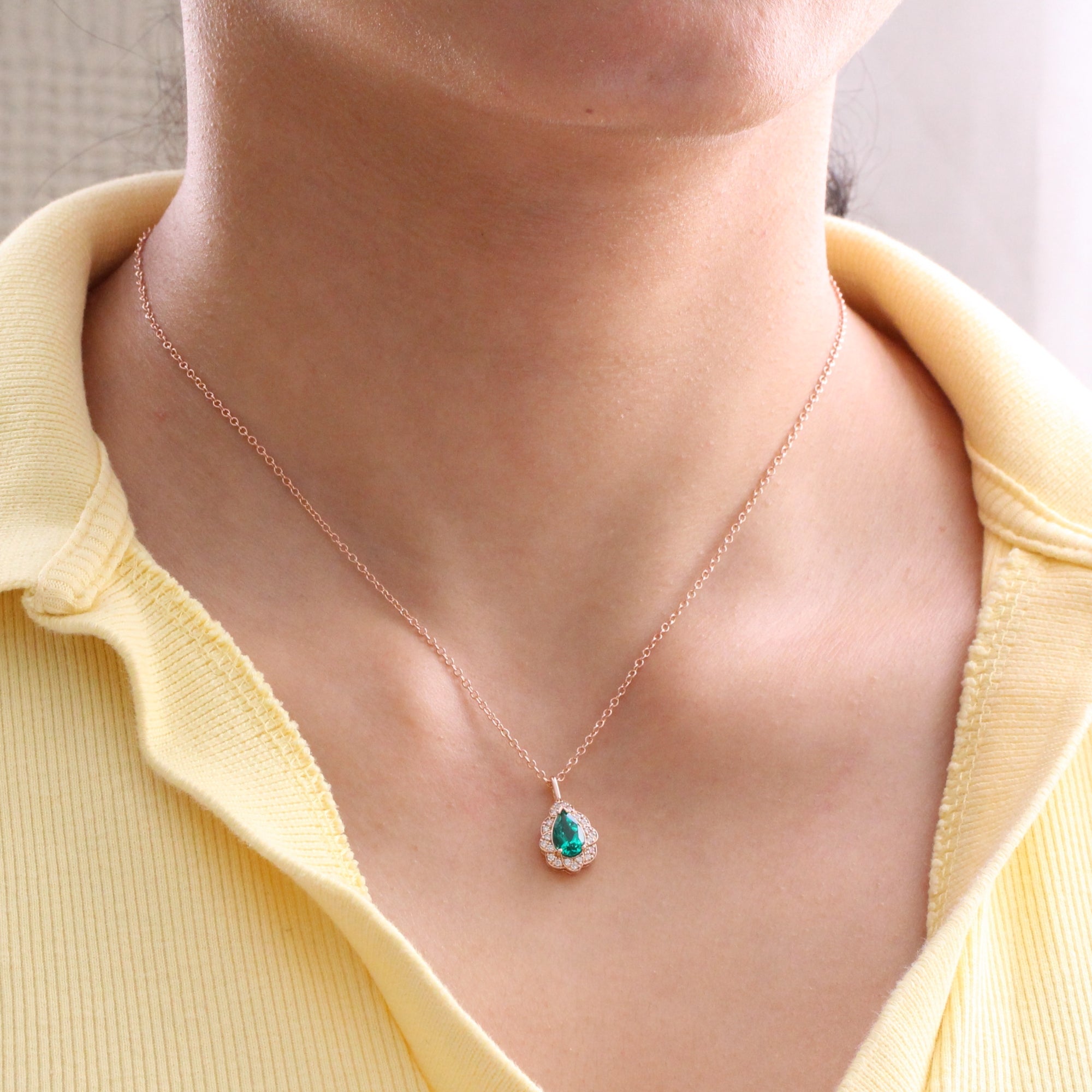 pear emerald necklace rose gold vintage style emerald diamond drop pendant necklace la more design jewelry