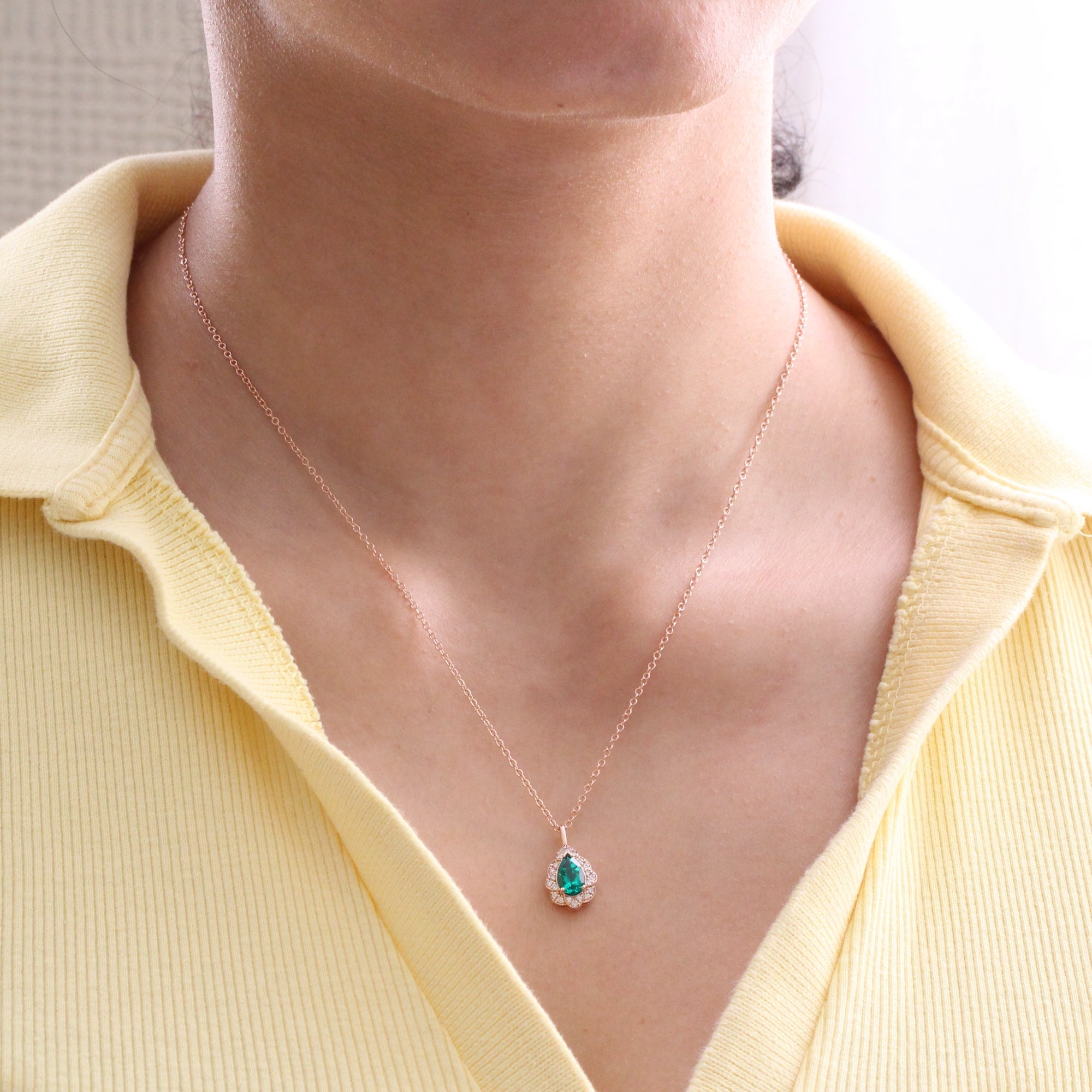 pear emerald necklace rose gold vintage style emerald diamond drop pendant necklace la more design jewelry