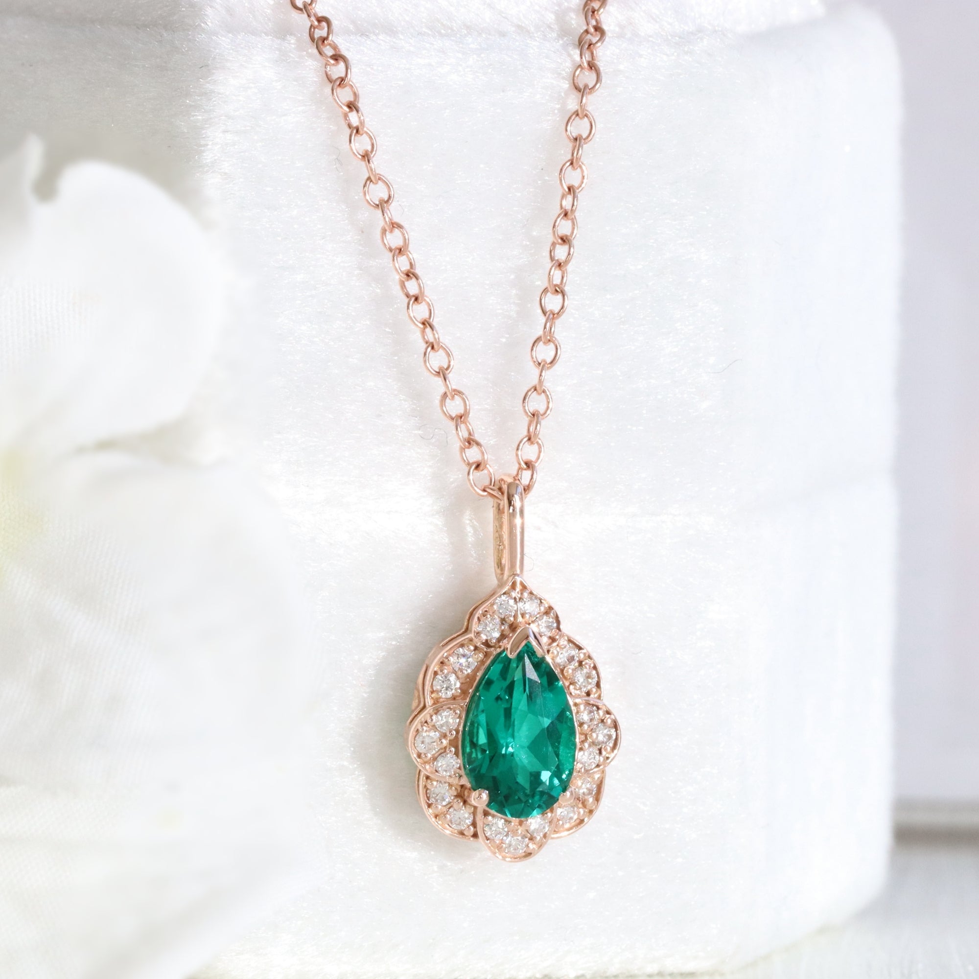 Vintage Green Emerald Necklace Rose Gold Pear Emerald Diamond Pendant ...