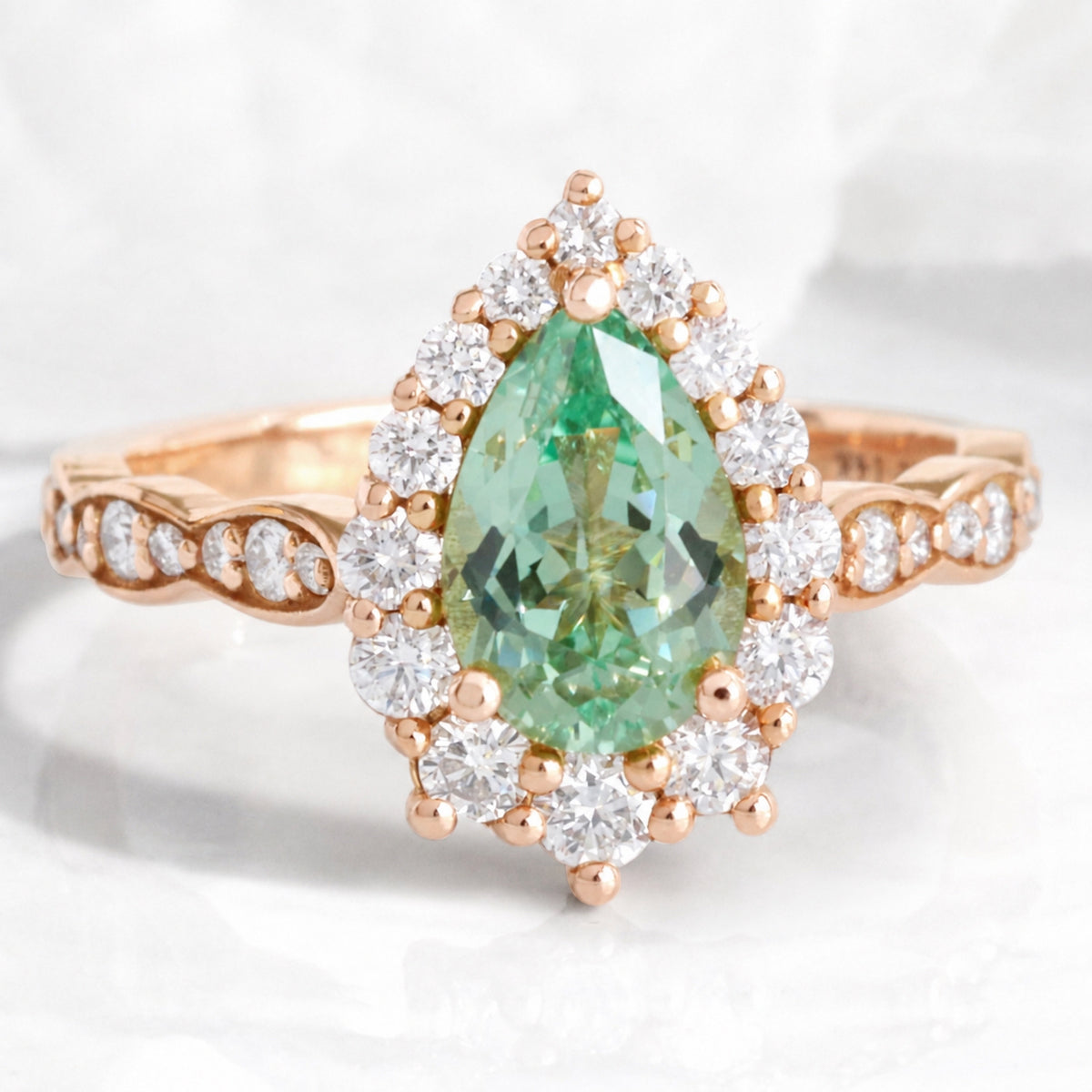 pear green sapphire engagement ring, halo diamond sapphire ring la more design jewelry-ROSE GOLD