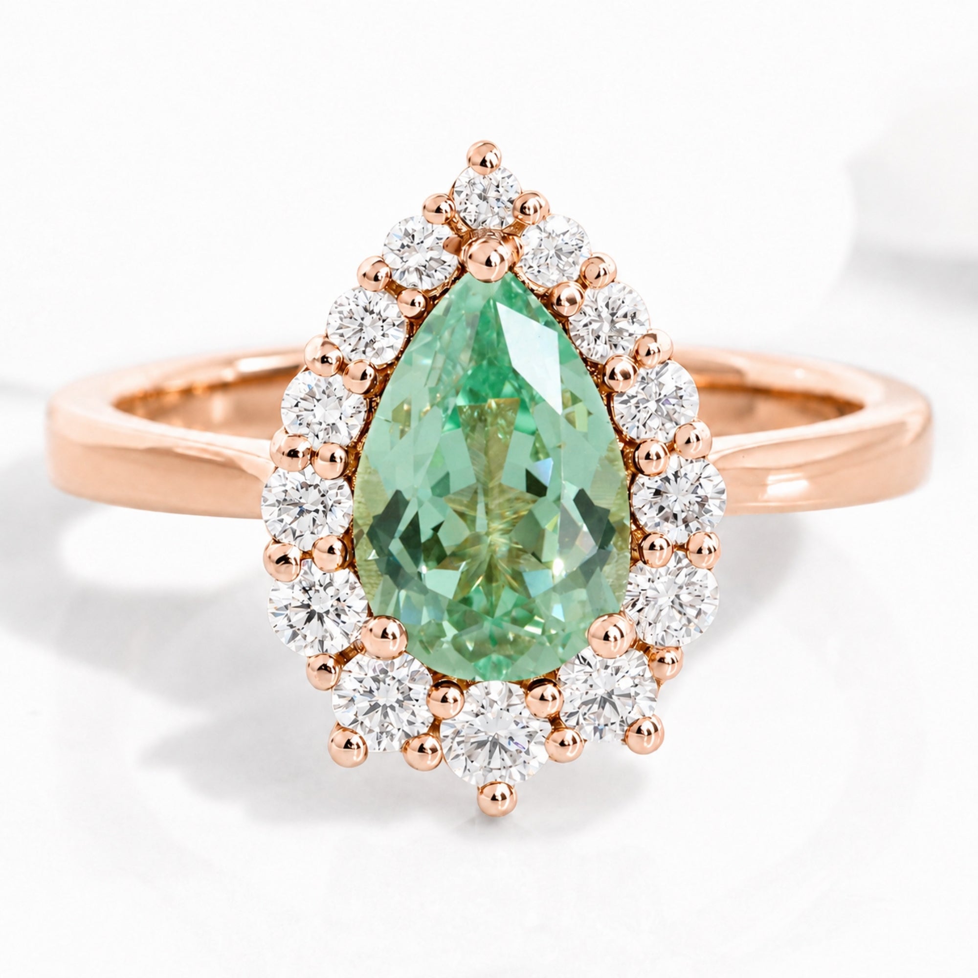 pear green sapphire engagement ring, halo diamond sapphire ring pave band la more design jewelry-ROSE GOLD-9X6