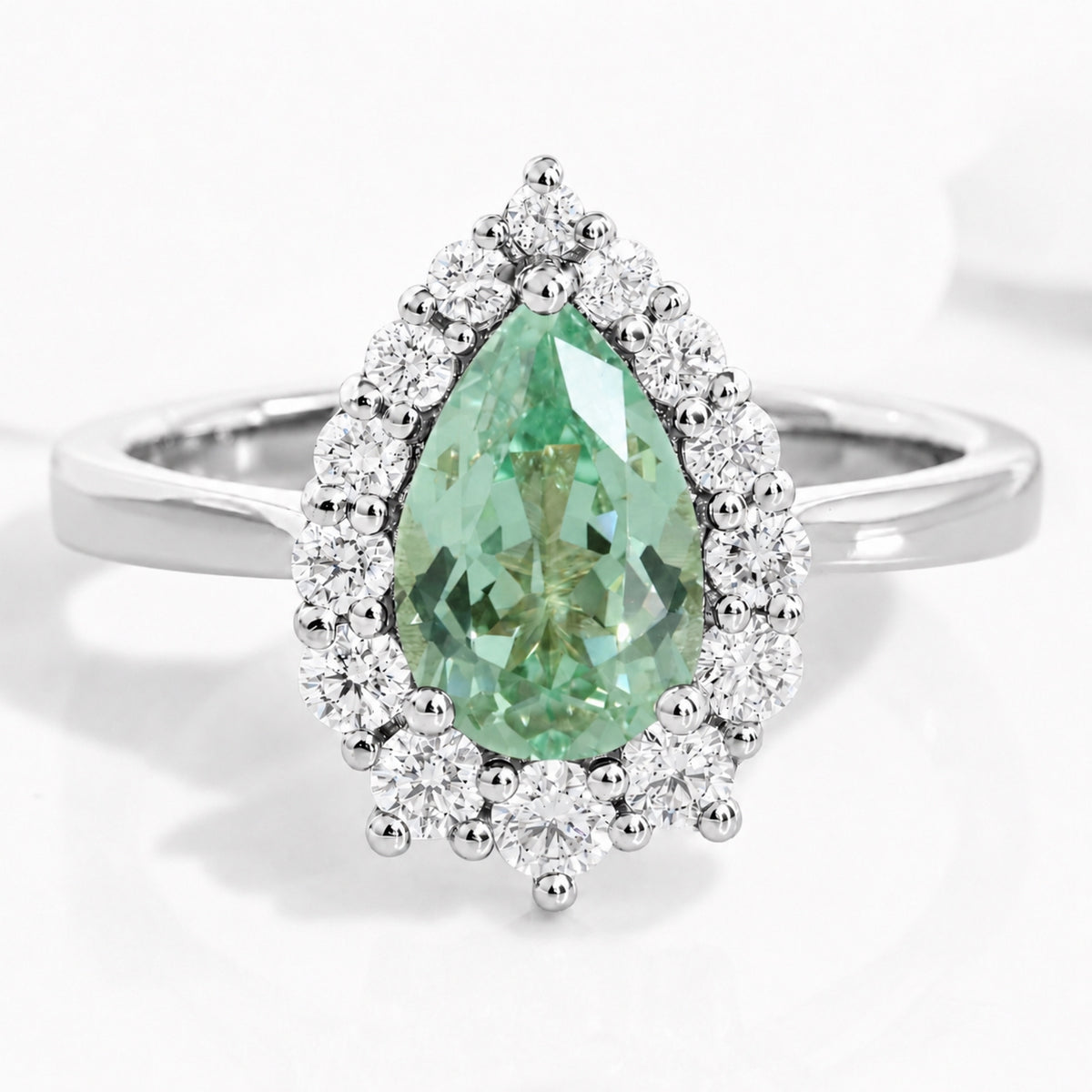 pear green sapphire engagement ring, halo diamond sapphire ring la more design jewelry-WHITE GOLD-9X6