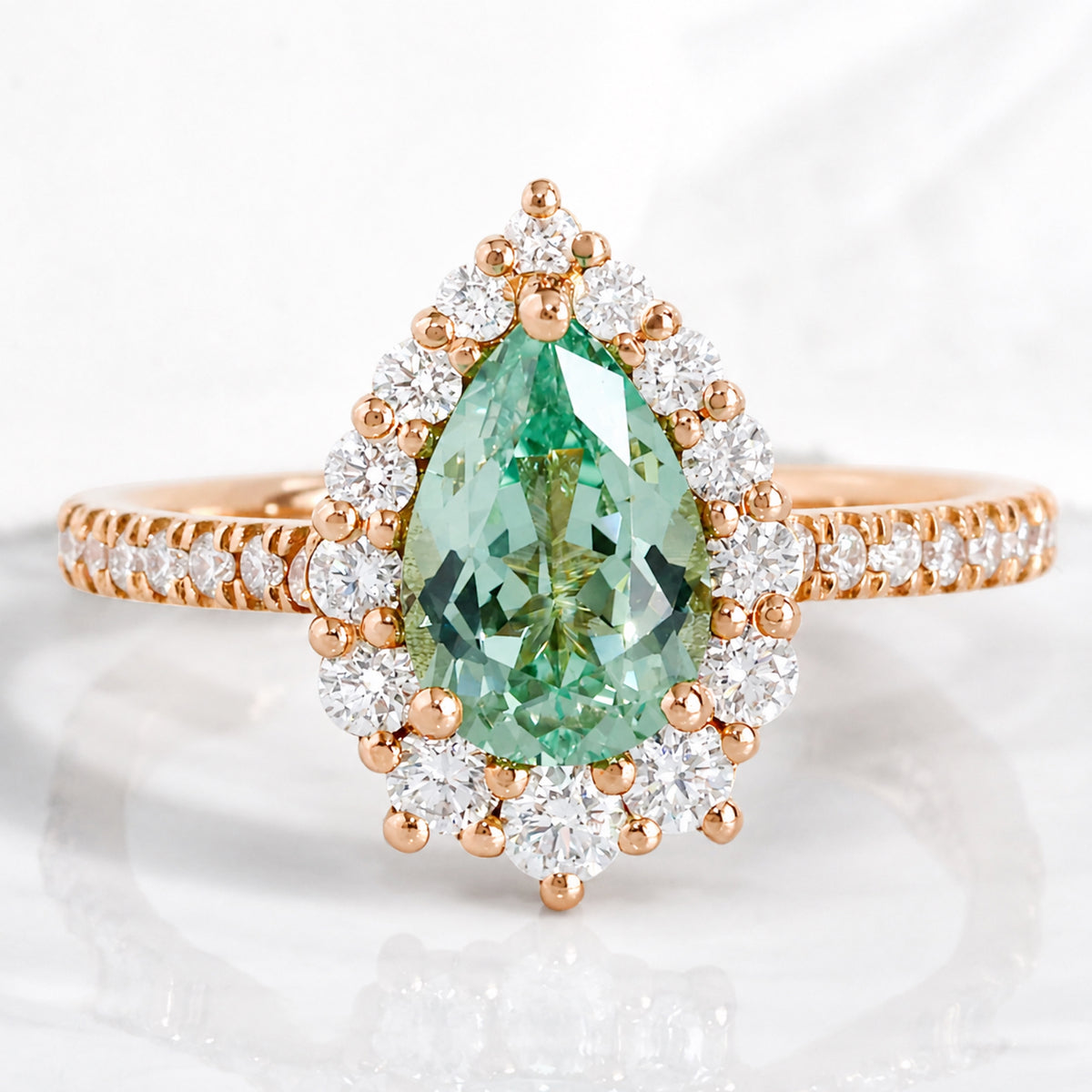 pear green sapphire engagement ring, halo diamond sapphire ring pave band la more design jewelry-ROSE GOLD-9X6