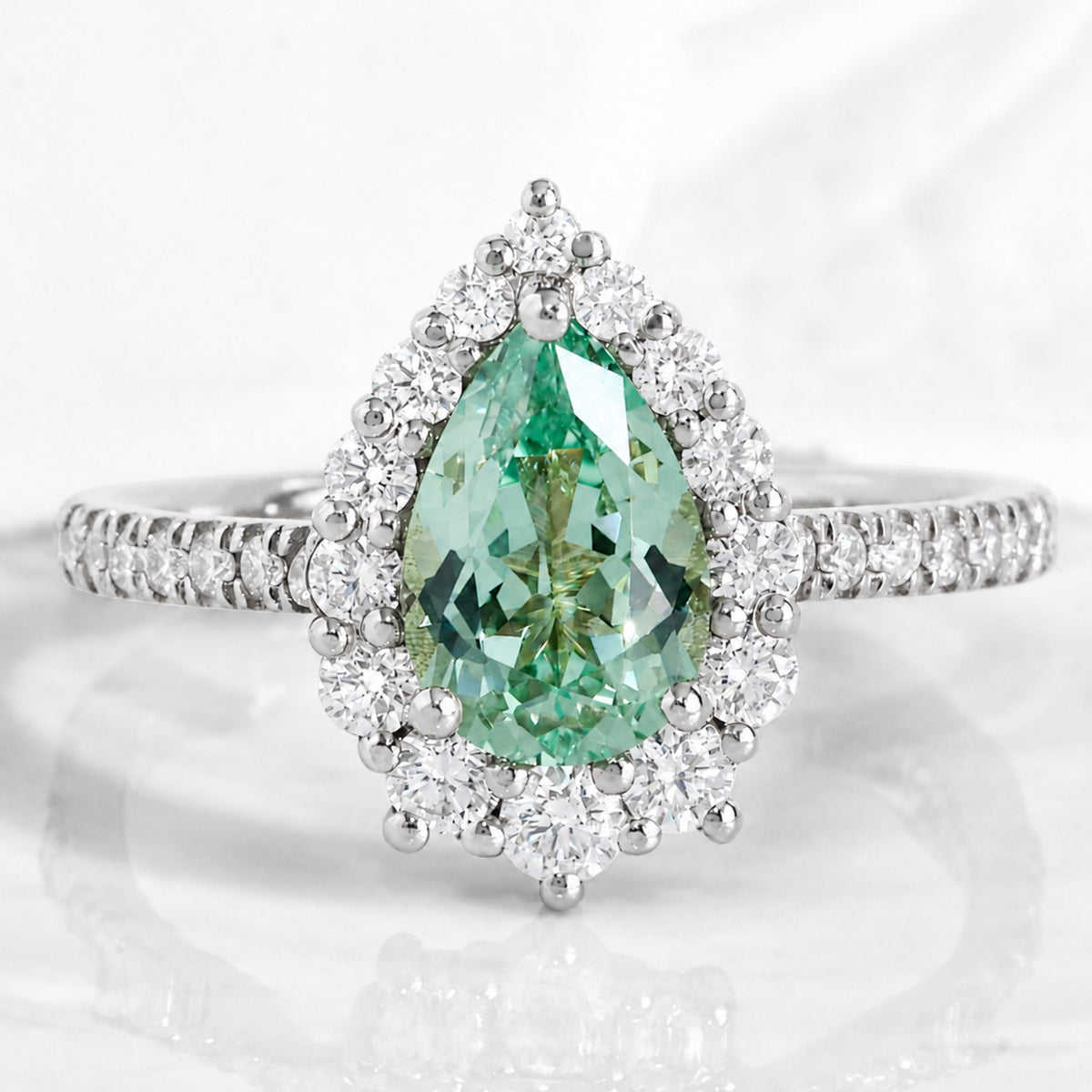 pear green sapphire engagement ring, halo diamond sapphire ring pave band la more design jewelry-WHITE GOLD-9X6