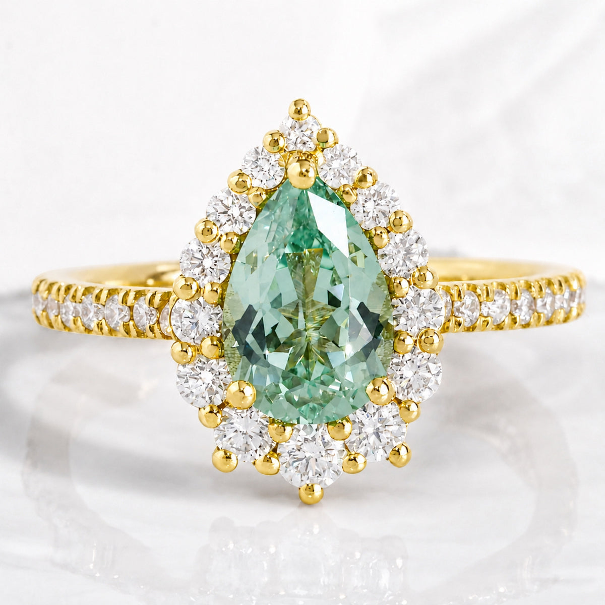 pear green sapphire engagement ring, halo diamond sapphire ring pave band la more design jewelry-YELLOW GOLD-9X6